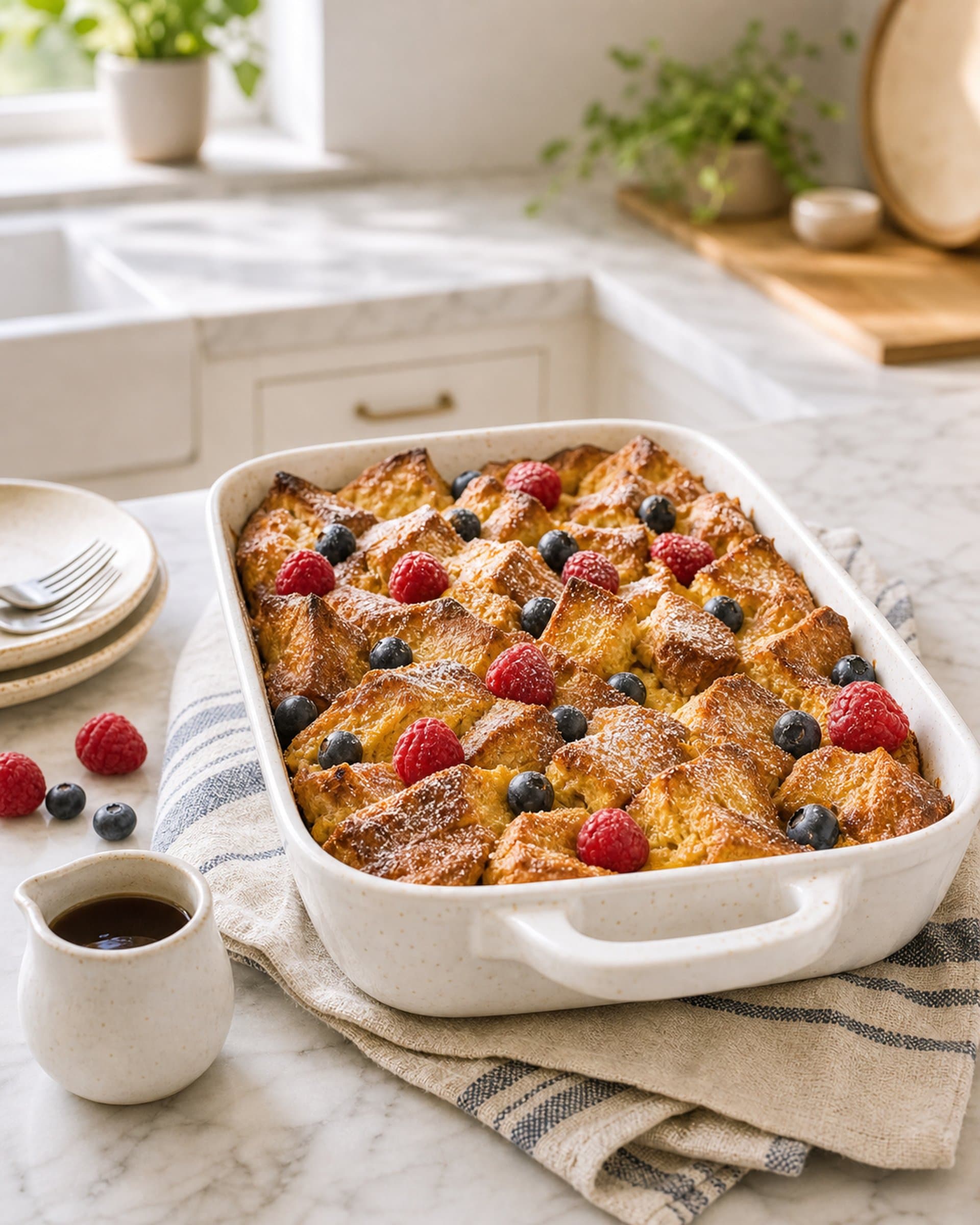 A golden baked french toast casserole in a white ceramic baking dish on a folded striped tea towel, the bread cubes puffed and browned at the edges, dusted lightly with powdered sugar and scattered with fresh berries, with a small pitcher of maple syrup beside it in soft morning light.