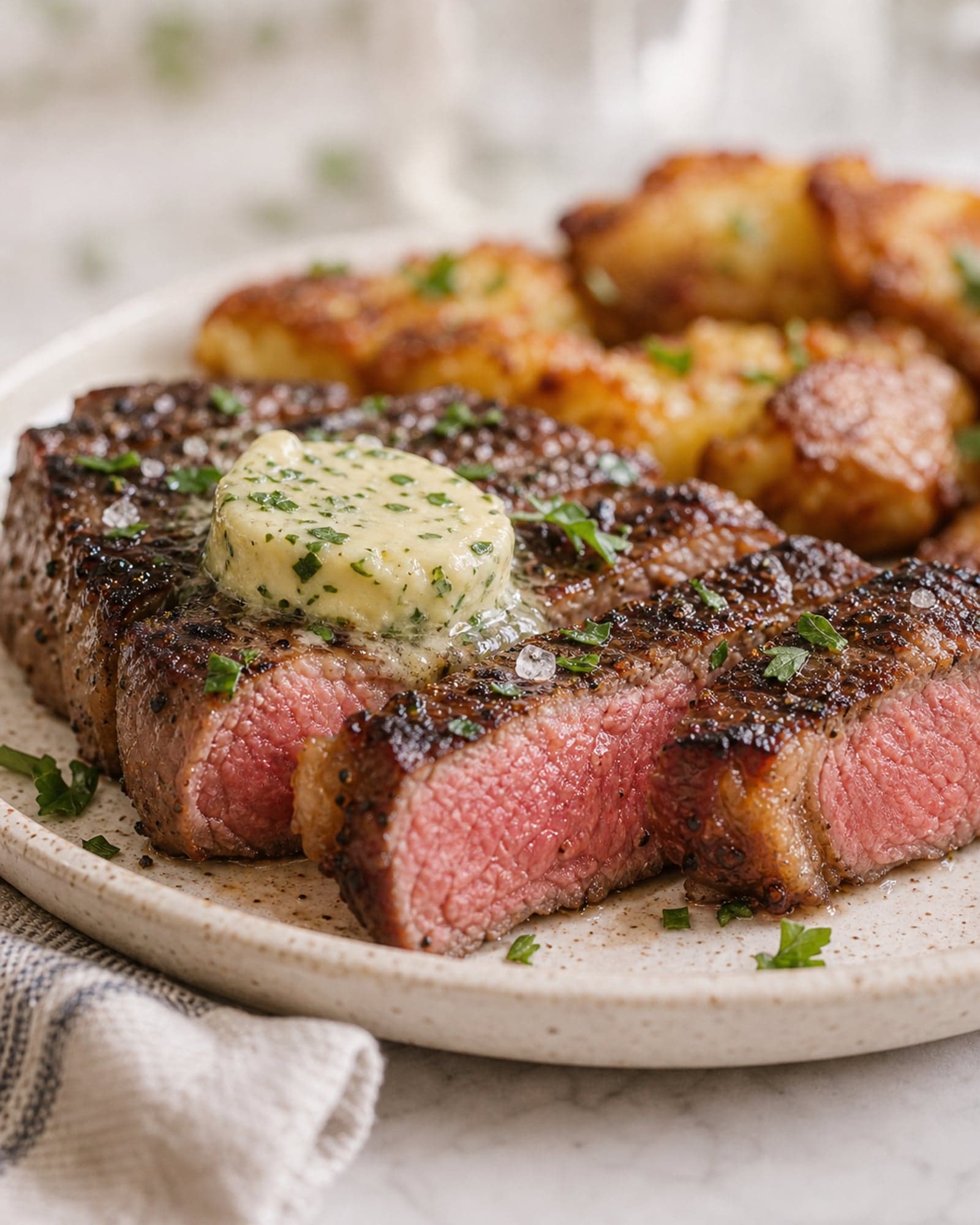 Macro close-up of a sliced seared steak showing a rosy medium-rare center and a deep brown crust, with a melting disc of herb butter on top, flaky salt, and a scatter of chopped parsley. A few crispy smashed potatoes sit softly out of focus behind.