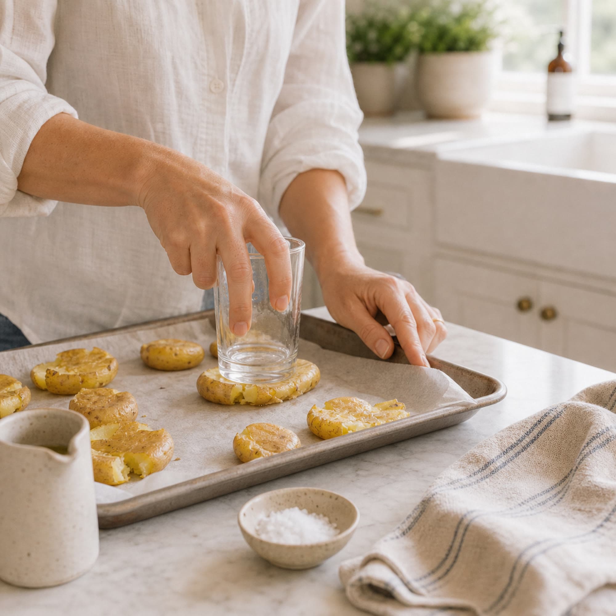 A pair of hands in white linen button-down sleeves rolled to three-quarter forearm length pressing a boiled baby potato flat with the bottom of a drinking glass on a white marble counter, several already-smashed potatoes beside on a parchment-lined tray. Soft kitchen light.