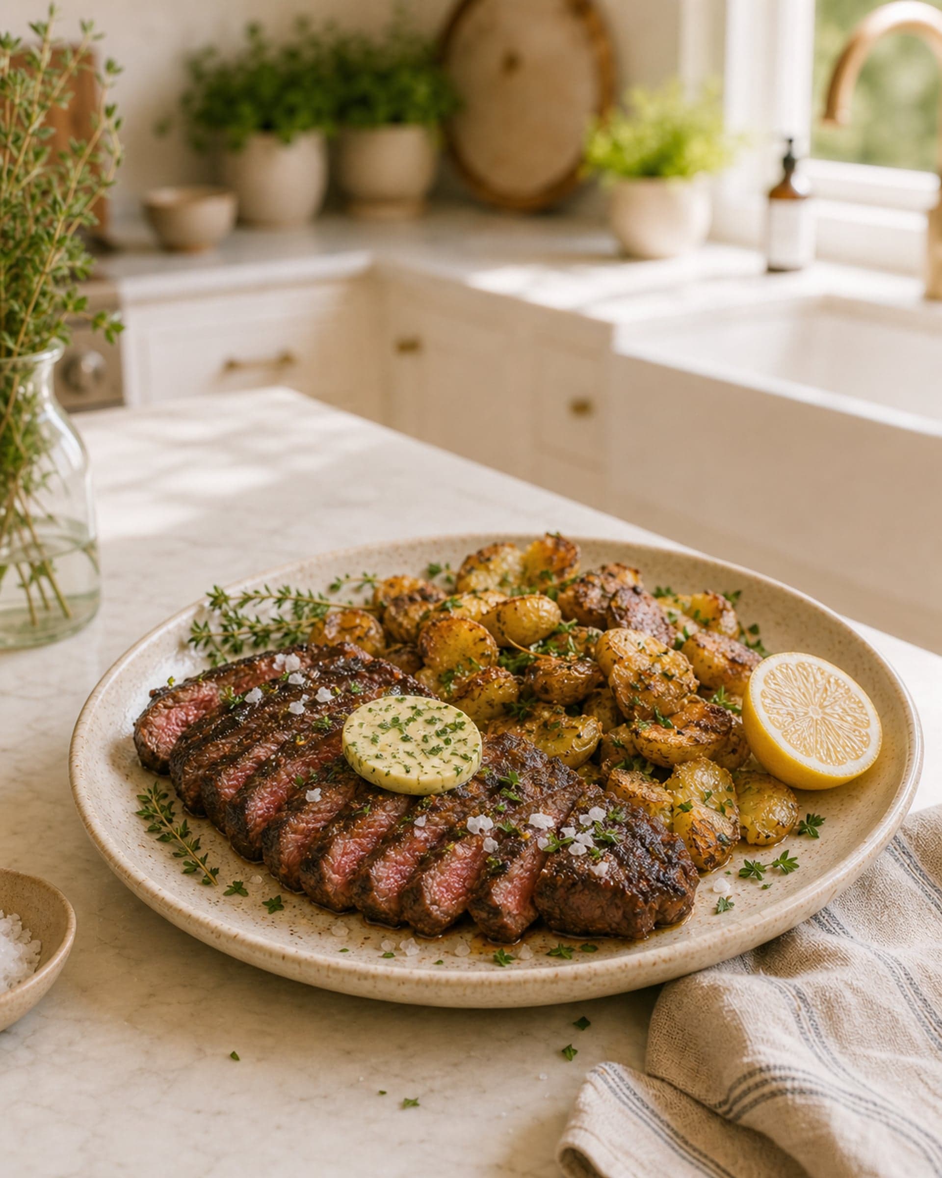 A sliced, deeply seared steak fanned on a warm cream-speckled stoneware plate on a white marble counter, showing a rosy medium-rare center, topped with a melting disc of herb butter and flaky salt, with a pile of crispy smashed baby potatoes alongside and scattered fresh thyme and chopped parsley. A halved lemon and a folded striped cream-and-blue linen tea towel rest beside the plate. Soft warm evening light.