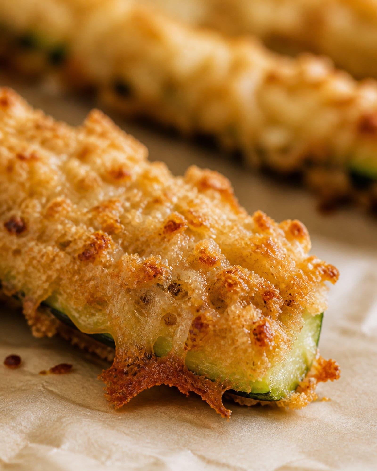 Extreme close-up of a baked zucchini spear with a deeply golden bubbled parmesan crust and a lace of crisp browned cheese curling off the edge.