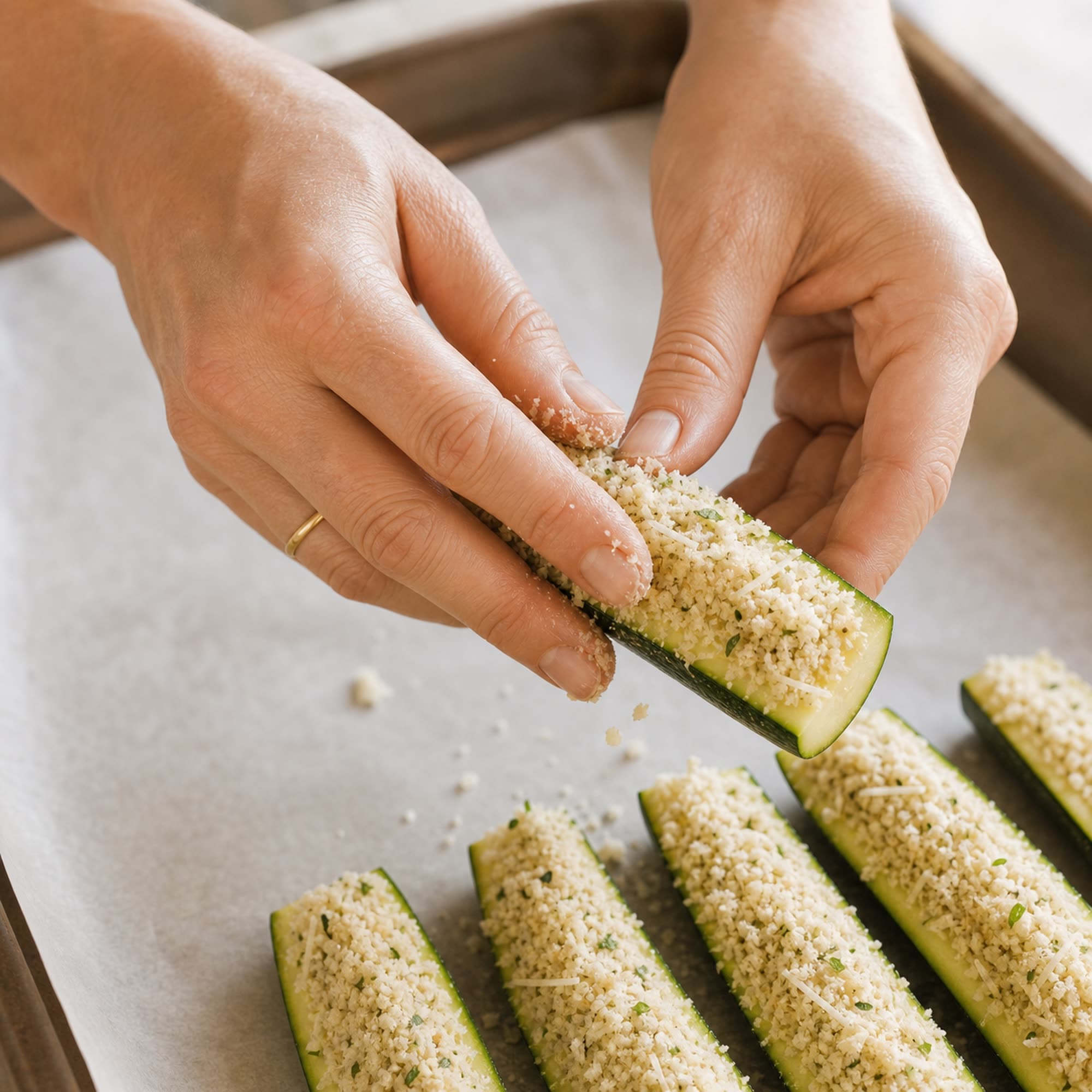 Hands pressing parmesan and panko topping firmly onto the cut side of a raw zucchini spear held above a parchment-lined tray of topped spears.