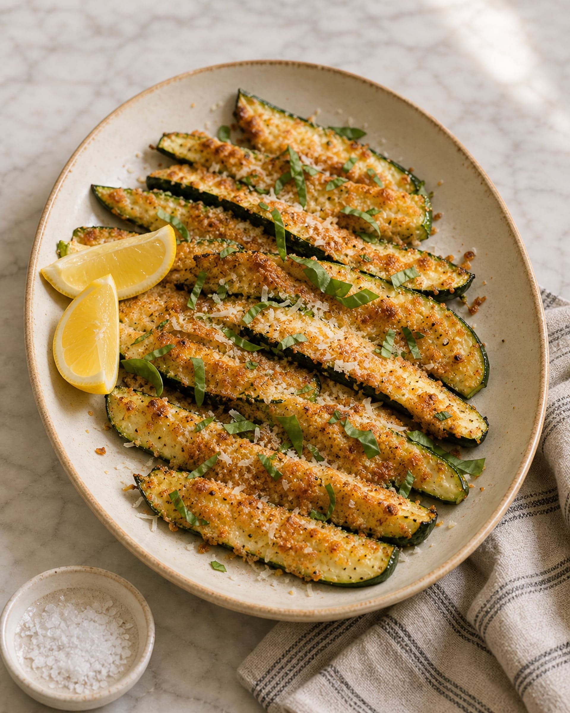 Golden crusted baked zucchini spears shingled on an oval ceramic platter with lemon wedges and scattered basil on a marble counter.