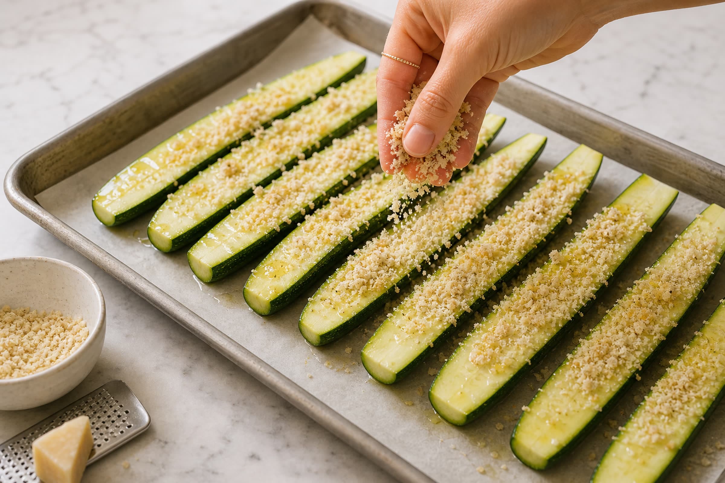 A hand sprinkling parmesan and panko topping over rows of raw zucchini spears arranged cut-side up on a parchment-lined sheet pan, with a bowl of topping and a wedge of parmesan beside the tray.