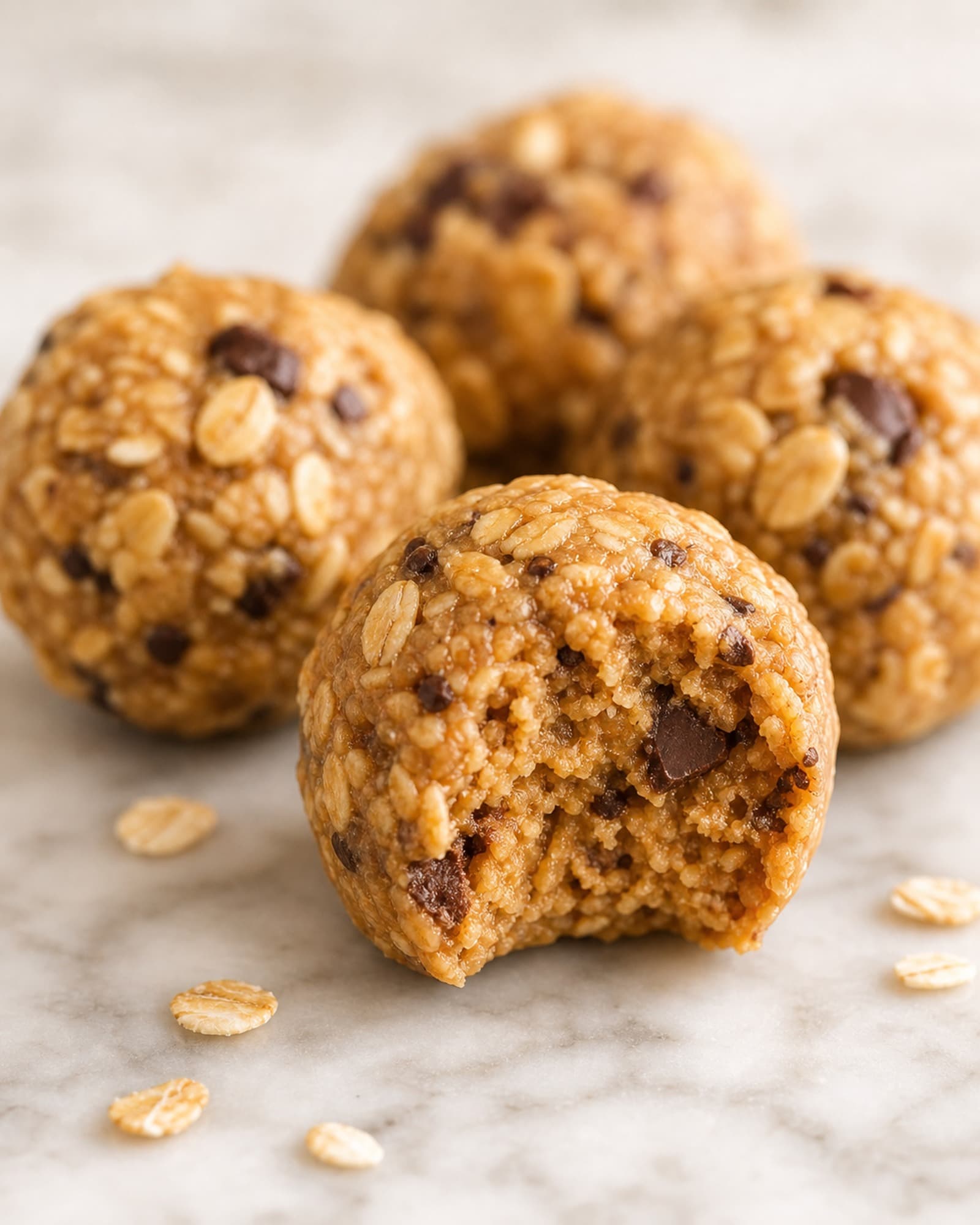 A close macro of a few protein balls on marble, one with a bite taken out to show the dense, oaty interior flecked with dark chocolate chips.
