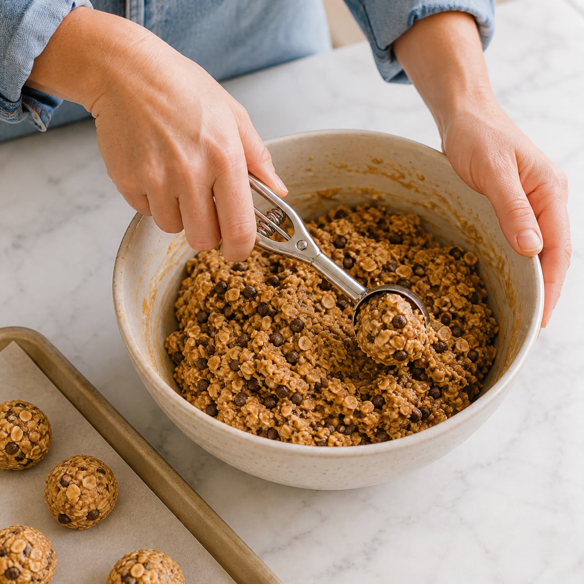 An overhead view of a pair of hands in a denim sleeve using a small cookie scoop to portion the protein ball dough from a bowl, with already-rolled balls on a tray alongside.