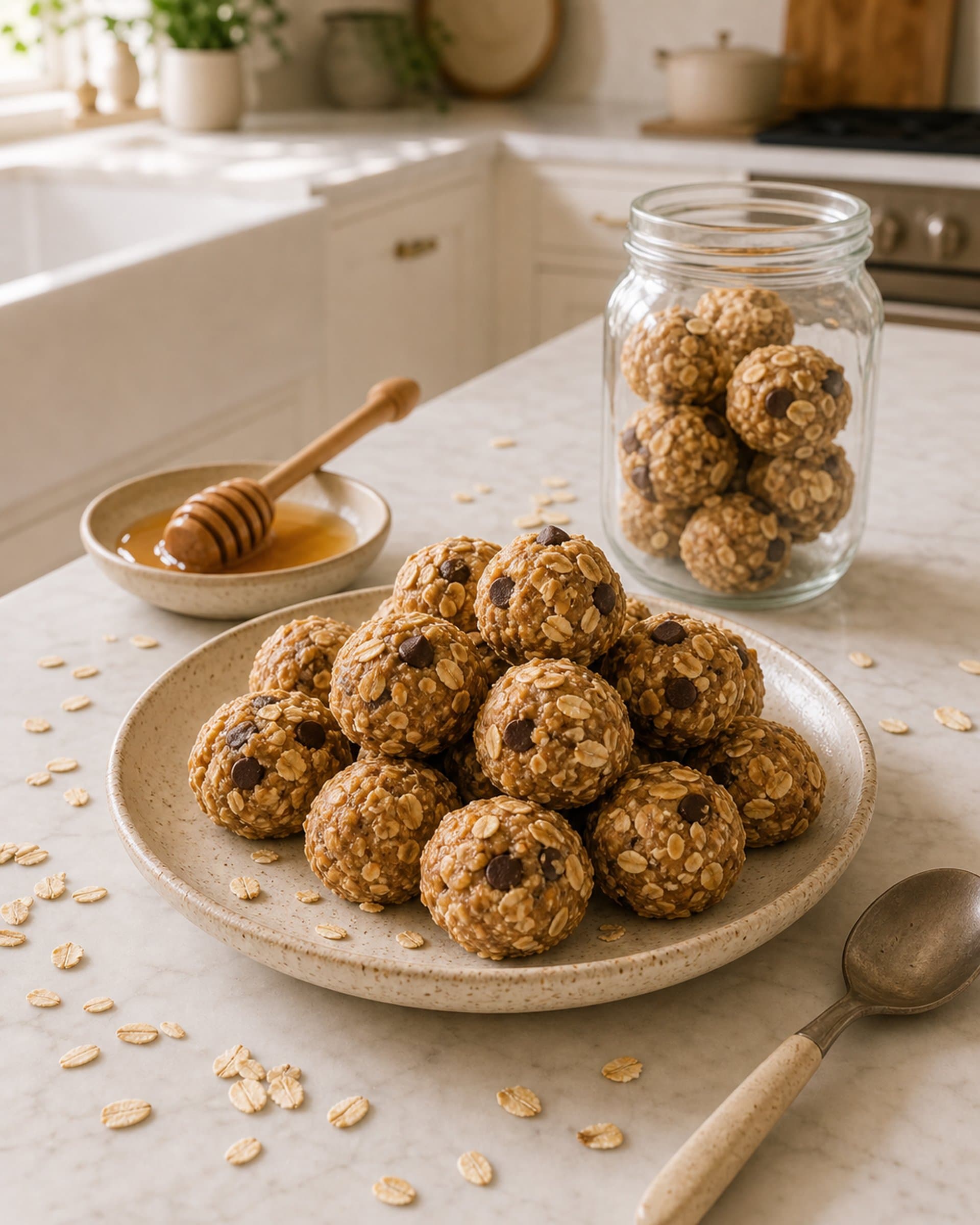 A small cream-speckled stoneware plate piled with no-bake peanut butter protein balls rolled in oats on a white marble counter, a few flecked with dark chocolate chips. A glass jar holds more balls softly behind, with a small dish of honey, a spoon, and a scatter of rolled oats on the marble. Soft natural light from the kitchen window.