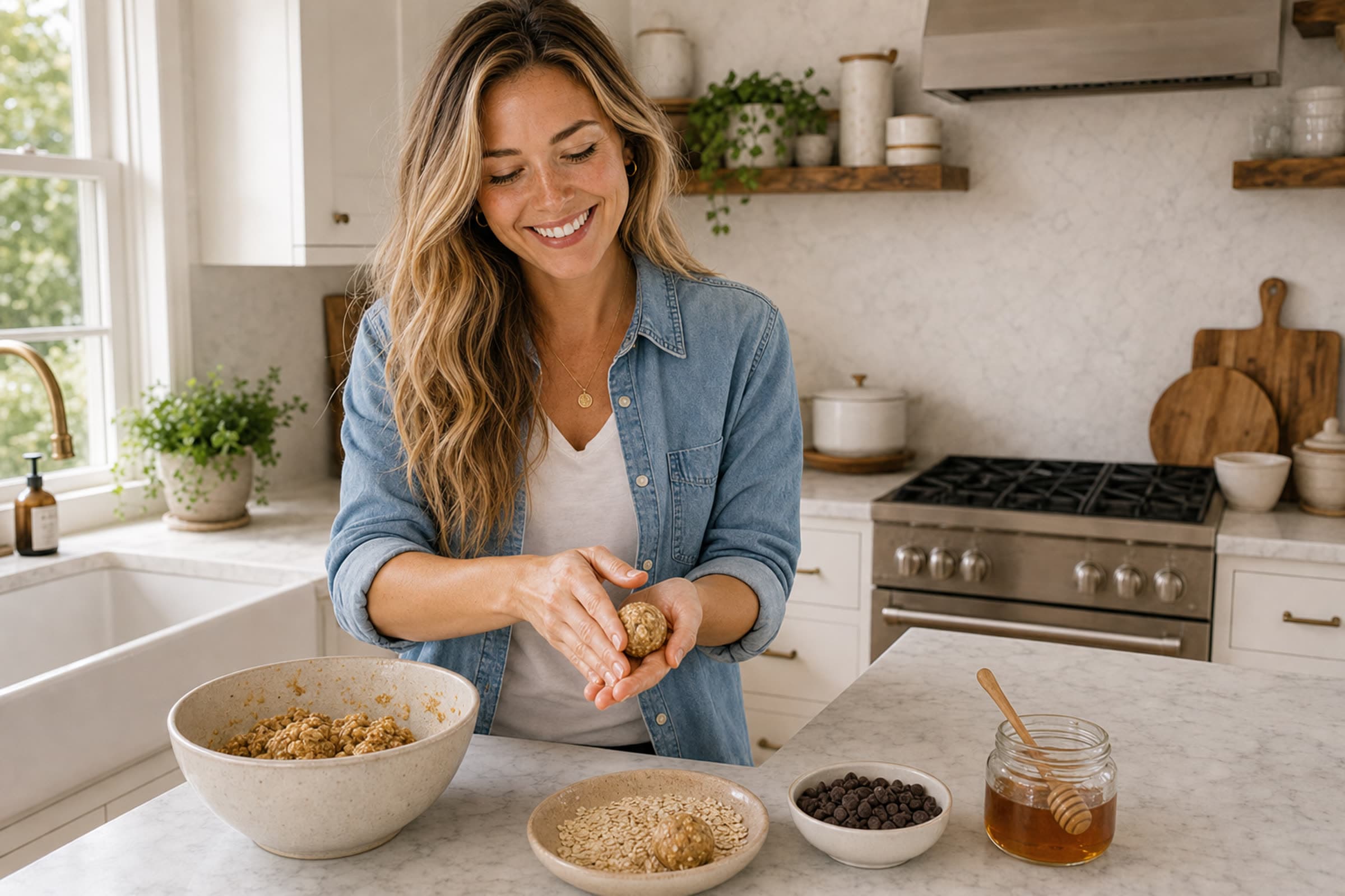 Anna, in a soft denim shirt, rolling the sticky oat and peanut butter dough into balls with her hands at her marble island. A large bowl of dough, small dishes of oats and chocolate chips, and a honey jar sit nearby, with her bright kitchen behind her.