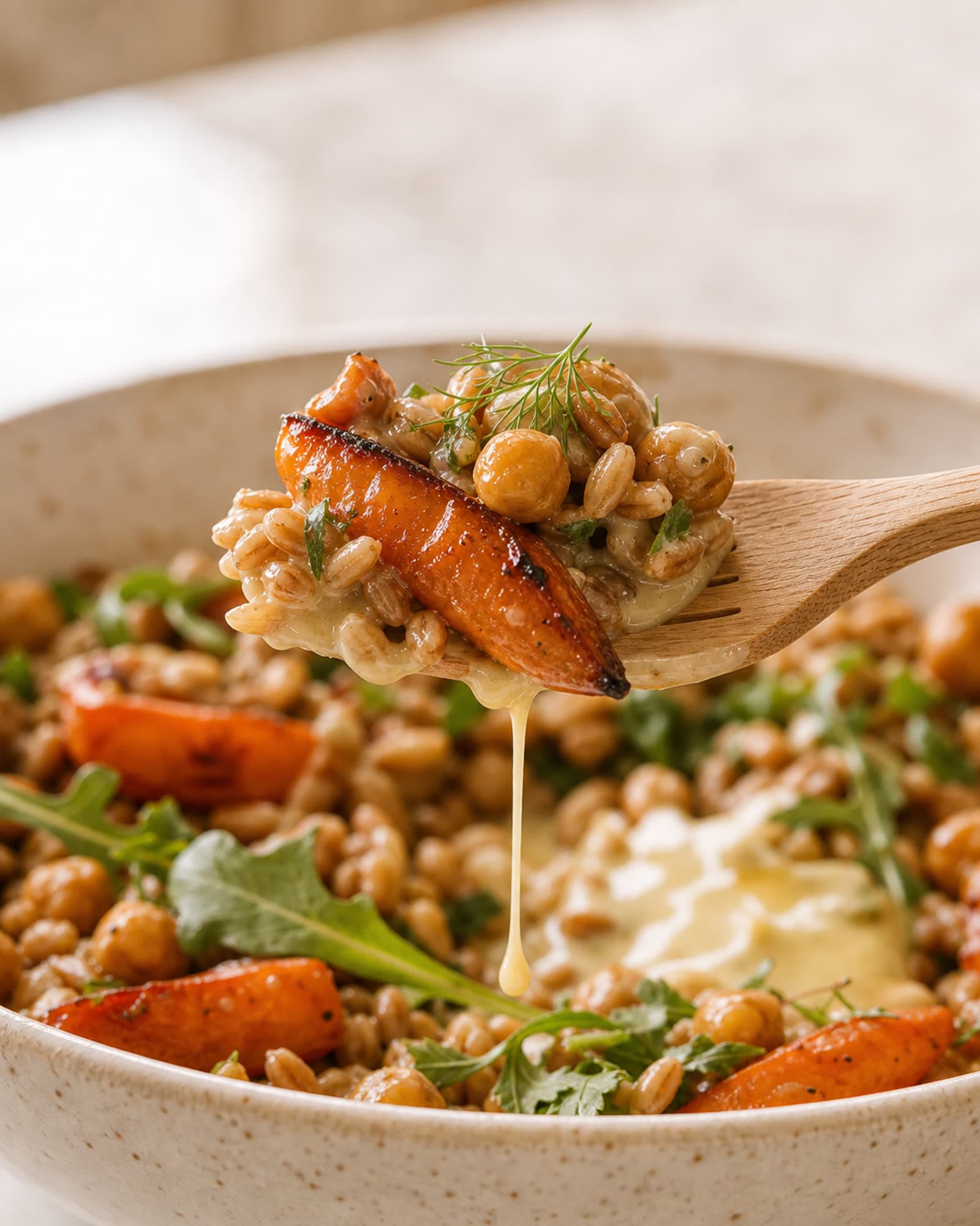 Macro close-up of a light oak wooden fork lifting a tangled bite from a grain bowl: a caramelized roasted carrot wedge with charred edges, several crispy chickpeas, nutty farro grains, and a small frond of fresh dill, all coated in pale golden lemon tahini dressing with a thin drip mid-fall back toward the cream-speckled stoneware bowl below.