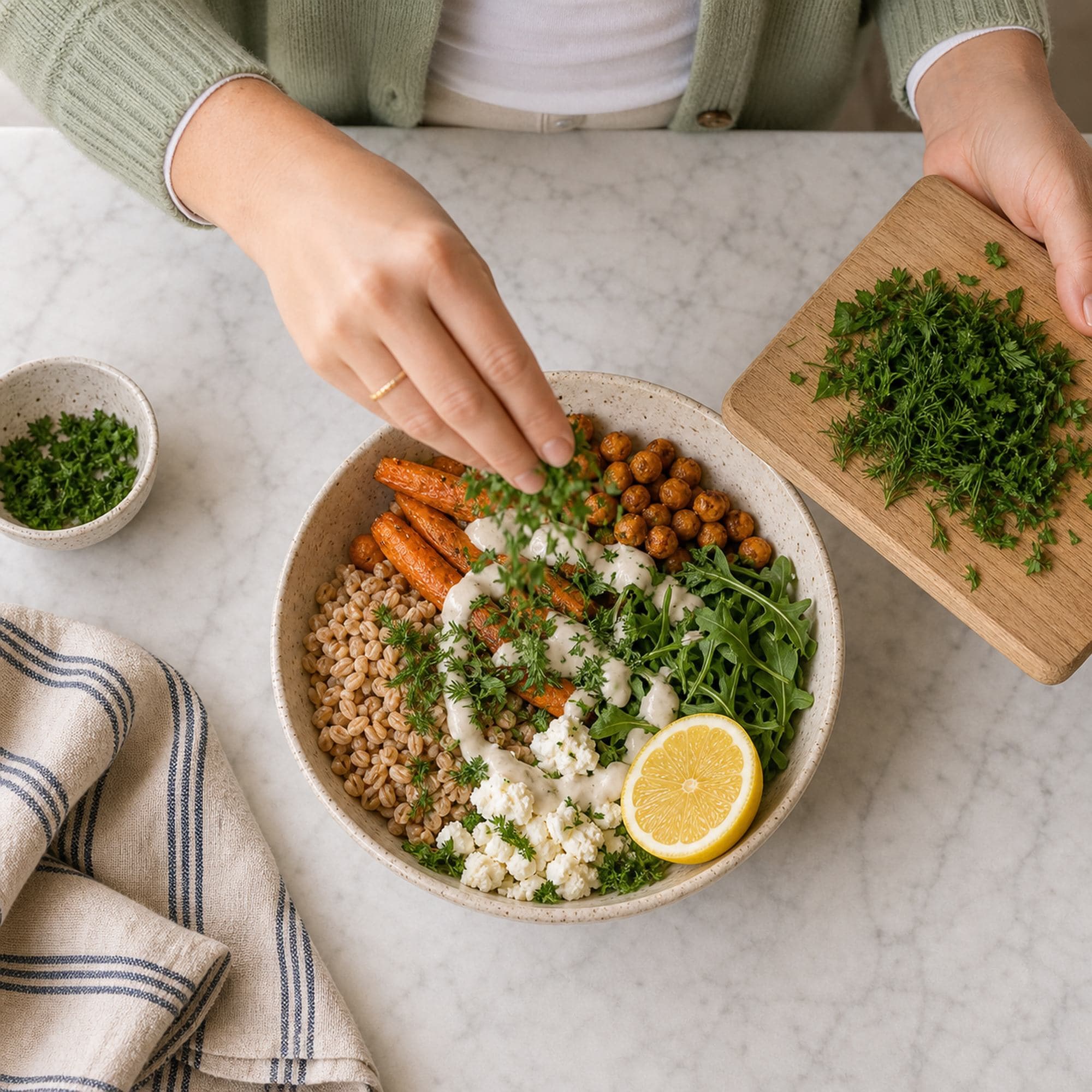 Overhead view of a pair of hands in a sage green cardigan over a fitted white tee, one holding a small light oak cutting board piled with chopped fresh parsley and dill, the other picking up a pinch of the herbs to sprinkle over the assembled grain bowl. The bowl shows farro, roasted carrots, crispy chickpeas, crumbled feta, arugula, a halved lemon, and a swirl of tahini dressing. A small ceramic bowl of extra chopped herbs sits at the upper-left and a striped cream-and-blue linen tea towel is at the lower-left, on a white marble counter.