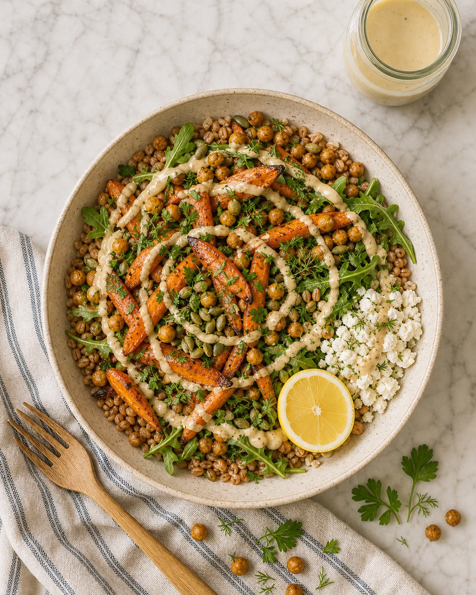 Overhead view of a wide cream-speckled stoneware bowl with a grain bowl lunch: a base of nutty farro topped with golden roasted carrot wedges, crispy roasted chickpeas, a handful of fresh arugula, chopped parsley and dill, a small mound of crumbled feta, a halved lemon, and a slow drizzle of pale lemon tahini dressing. On a white marble counter with a folded striped cream-and-blue linen tea towel, a small jar of tahini dressing on the side, and a light oak fork resting at an angle.