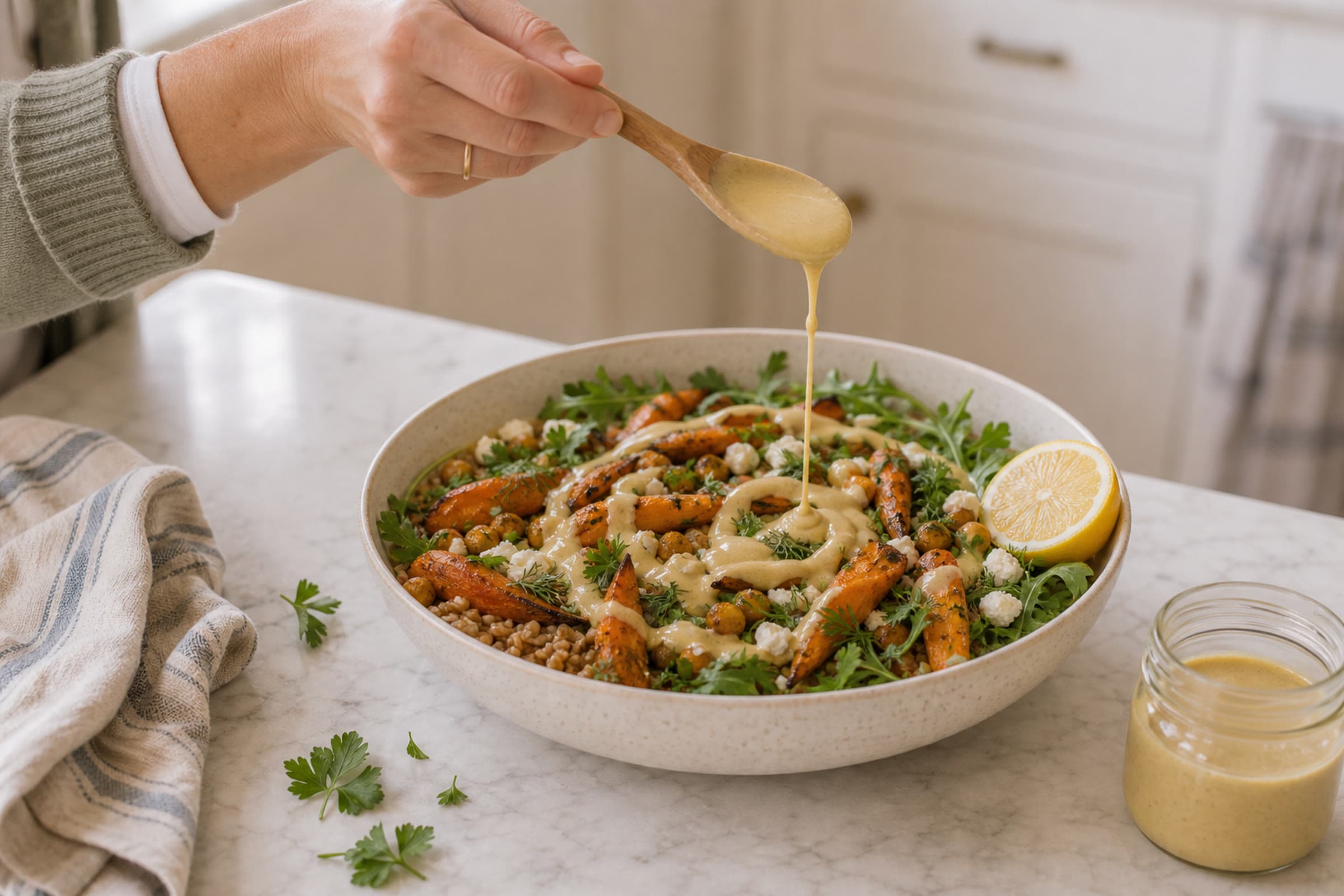A hand in a sage green cardigan with a white tee cuff visible underneath drizzling pale golden lemon tahini dressing from a light oak wooden spoon in a slow spiral over an assembled grain bowl, with golden roasted carrot wedges, crispy chickpeas, fresh arugula, chopped parsley and dill, crumbled feta, and a halved lemon visible in the cream-speckled stoneware bowl on a white marble counter. A small clear glass jar with more dressing sits to the right and a striped cream-and-blue linen tea towel is folded to the left.