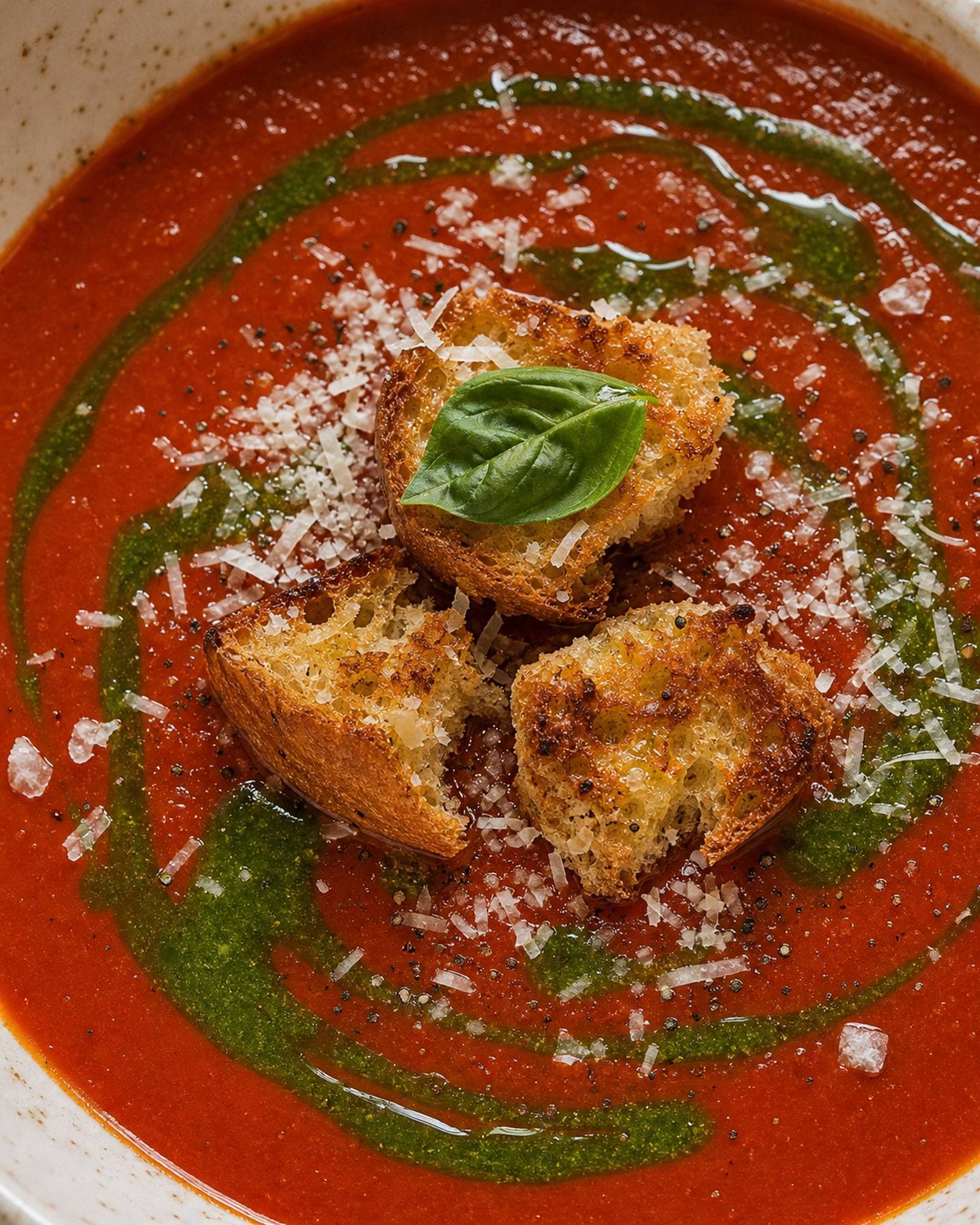 Macro close-up of the surface of a bowl of roasted tomato bread soup: a deep red velvety surface drizzled with bright green basil oil in slow swirling lines, topped with three small crispy torn sourdough croutons (deeply golden, crusty), a fresh whole basil leaf, a generous grating of parmesan flakes, a flake of flaky salt, and visible cracks of black pepper. The cream-speckled stoneware bowl edge softly visible at the corners.