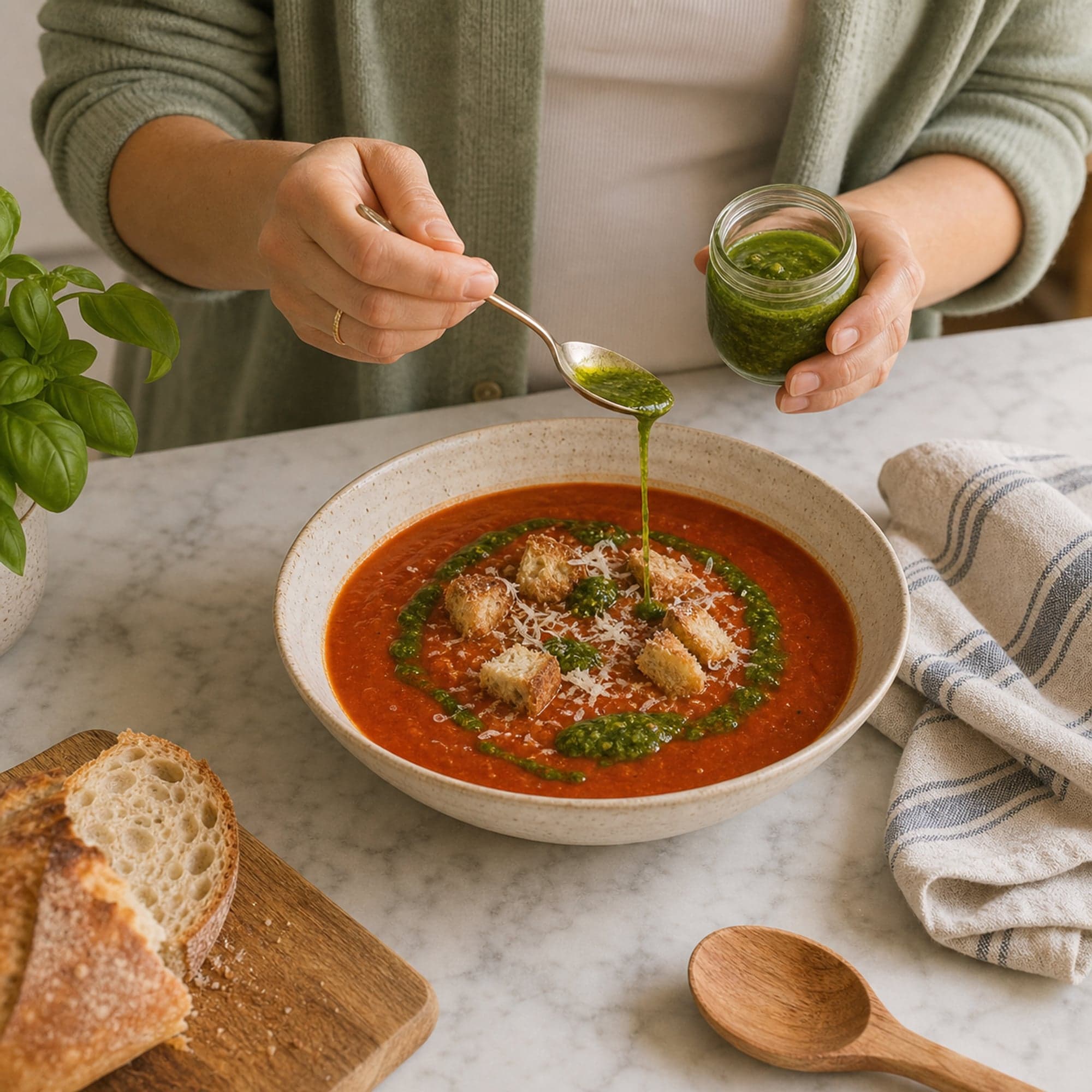 A pair of hands in a sage green cardigan over a fitted white tee at three-quarter sleeve length holding a small spoon and drizzling bright green basil oil over a bowl of deep red tomato bread soup on a white marble counter. The basil oil falls in a thin stream from the spoon, creating a fresh green swirl on the deep red surface. The bowl already has crispy croutons and grated parmesan on top. A small clear glass jar of more basil oil sits at the upper edge of the frame, with a folded striped cream-and-blue linen tea towel and a small bunch of fresh basil at the side.