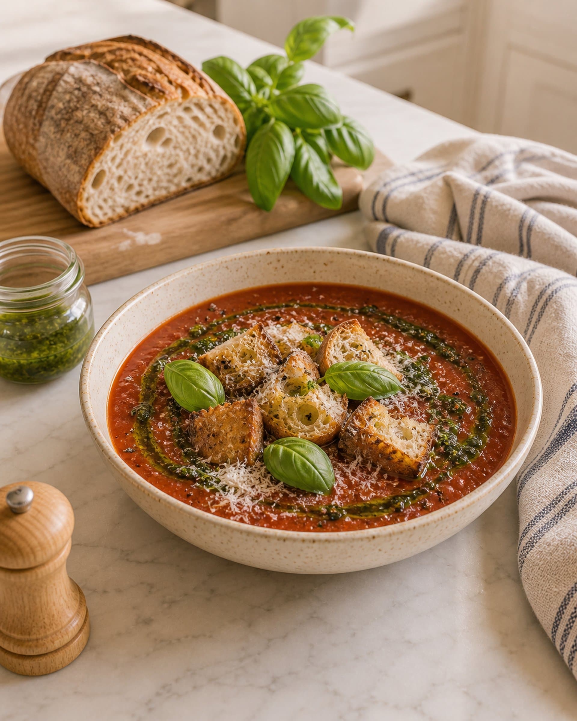 A wide cream-speckled stoneware bowl of deep red roasted tomato soup on a white marble counter, the surface drizzled with bright green basil oil in slow swirls, topped with a small handful of crispy torn sourdough croutons, fresh basil leaves, freshly grated parmesan, a pinch of flaky sea salt, and cracked black pepper. Beside the bowl: a small clear glass jar of more basil oil, a wooden cutting board with a half-loaf of crusty sourdough, a small bunch of fresh basil, and a folded striped cream-and-blue linen tea towel. Soft late-afternoon kitchen light.
