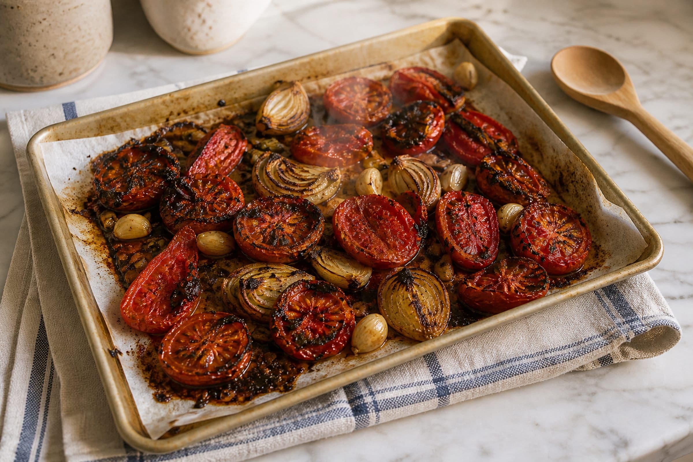 A parchment-lined half-sheet pan straight from the oven on a white marble counter, holding deeply roasted tomato halves (deeply collapsed, slightly blackened at the edges, with concentrated juices pooled in the center), thick onion slices that have taken on golden caramelization, and whole softened garlic cloves. The tomatoes are still steaming gently. A small wisp of steam rises from the pan.