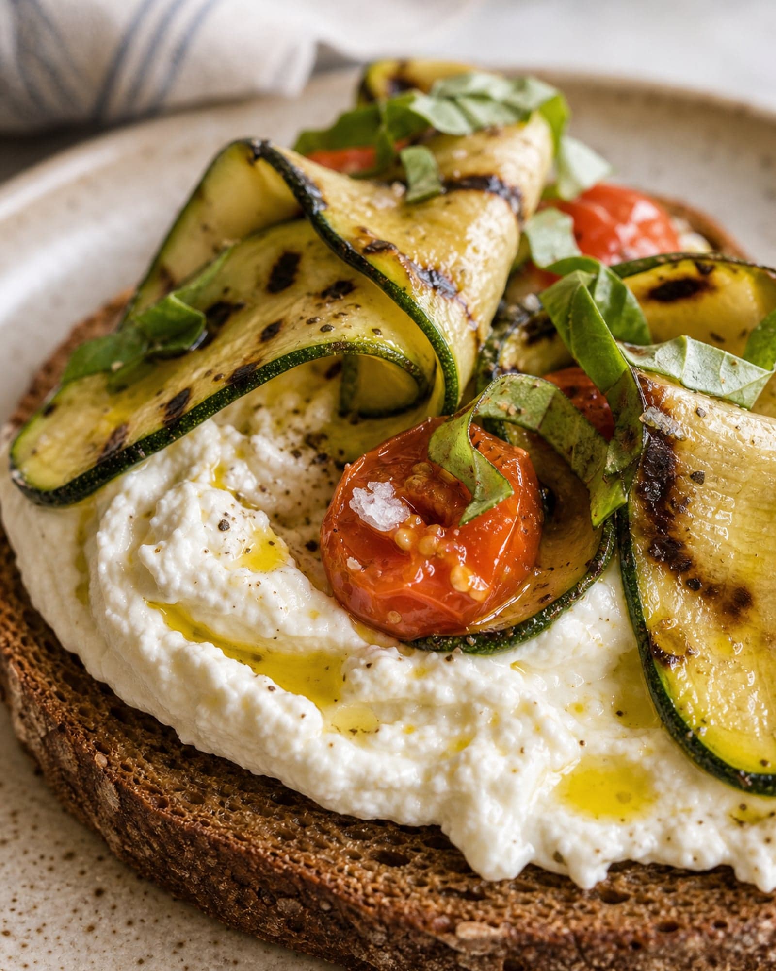Macro close-up of airy whipped feta swooshed across warm rye flatbread, topped with a charred grilled zucchini ribbon, a burst cherry tomato, torn basil, a drizzle of olive oil, and a flake of flaky salt. The creamy peaks of the whipped feta and the char on the vegetables catch the light.
