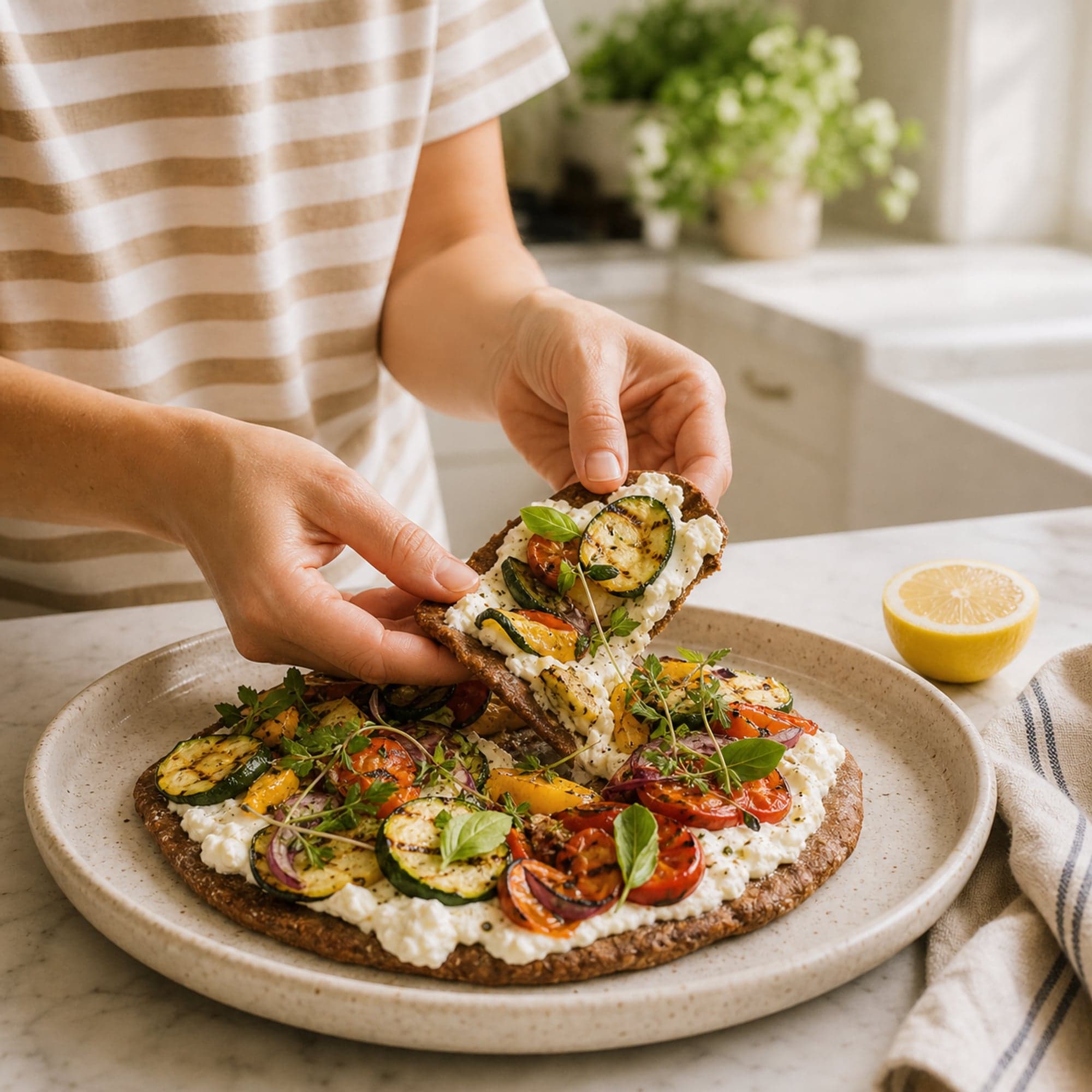 A pair of hands in beige and white striped sleeves tearing a piece from a loaded rye flatbread topped with whipped feta and grilled summer vegetables, on a cream-speckled stoneware platter on a white marble counter. A lemon half and a folded striped linen tea towel sit beside the platter.