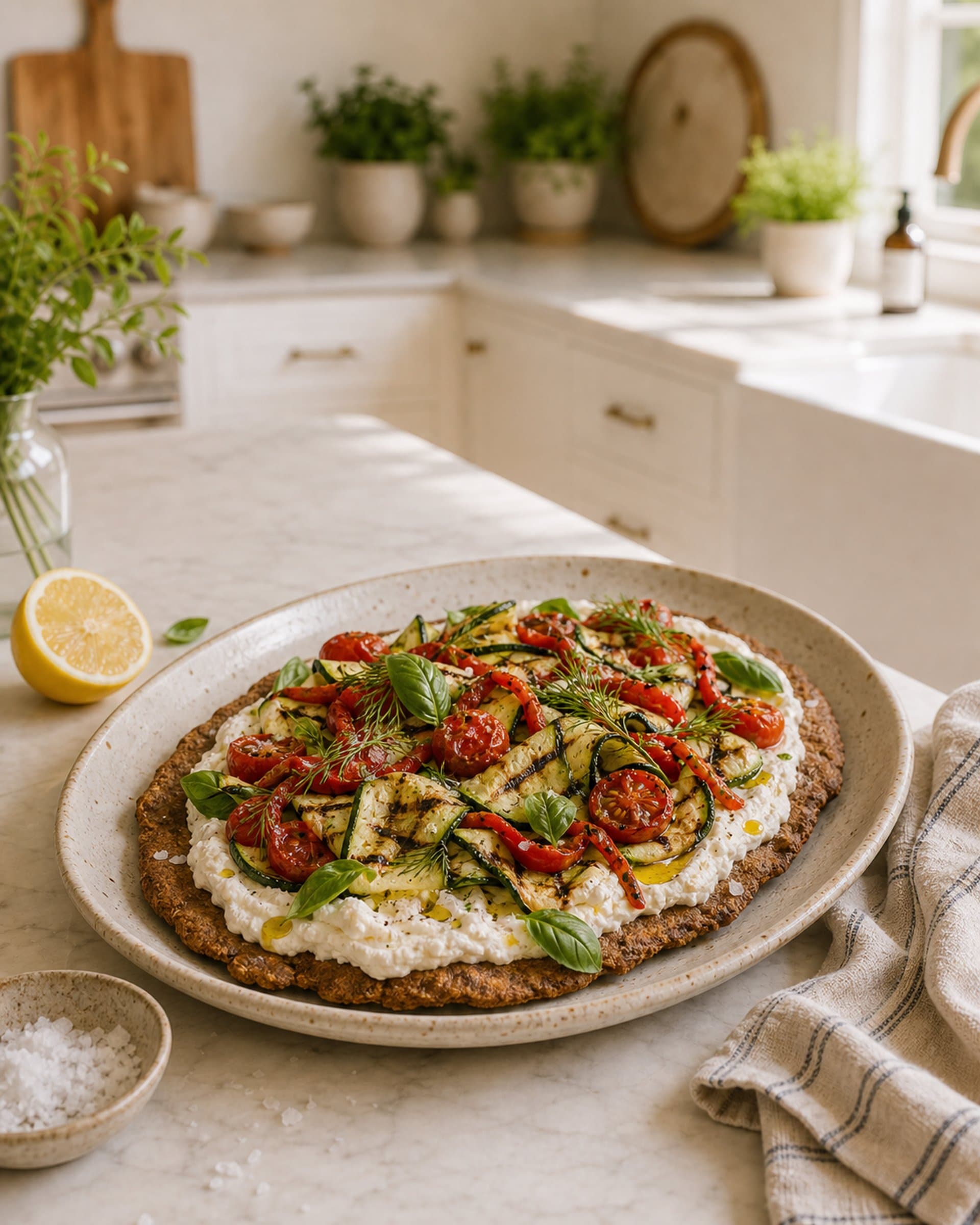 A large piece of warm rye flatbread on a cream-speckled stoneware platter on a white marble counter, spread thick with airy whipped feta and piled with charred grilled zucchini ribbons, blistered cherry tomatoes, strips of grilled red pepper, torn fresh basil and dill, a drizzle of olive oil, and a few flakes of salt. A lemon half and a folded striped cream-and-blue linen tea towel rest beside the platter. Bright natural summer light from the kitchen window.