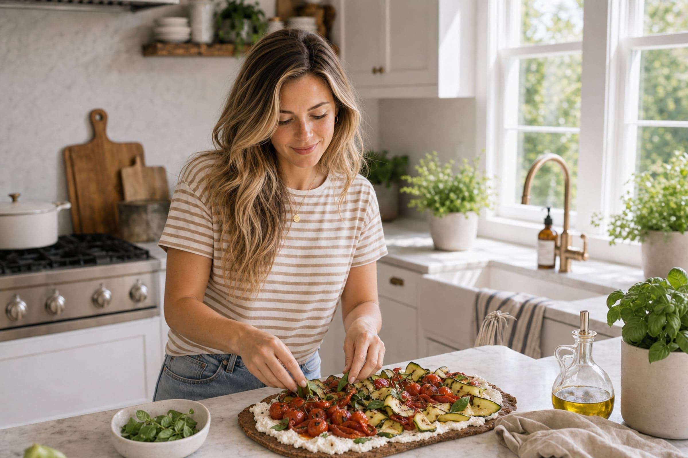 Anna, a 26-year-old home cook with long honey-blonde wavy hair wearing a beige and white striped tee, standing at her white marble kitchen counter arranging charred grilled zucchini ribbons, blistered cherry tomatoes, and strips of grilled red pepper over a thick layer of whipped feta on warm rye flatbread, smiling softly as she works. Bright natural summer light from the window behind her, potted herbs and a small bowl of torn basil on the counter.