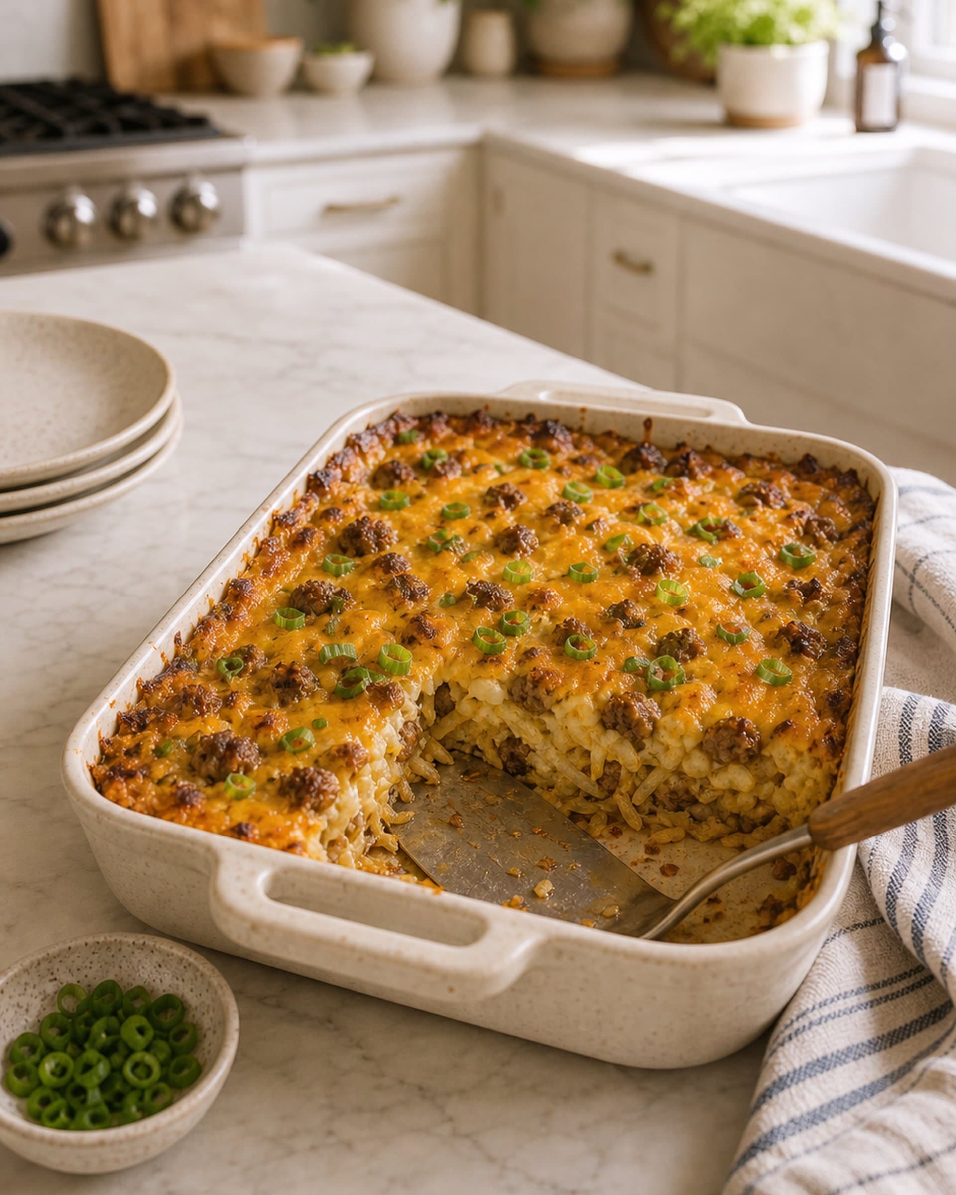 A bubbling sausage and hash brown breakfast casserole in an enameled baking dish, golden and set, scattered with sliced scallions, with one corner scooped out to show the crispy potato base and creamy egg layers, on a marble counter in morning light.