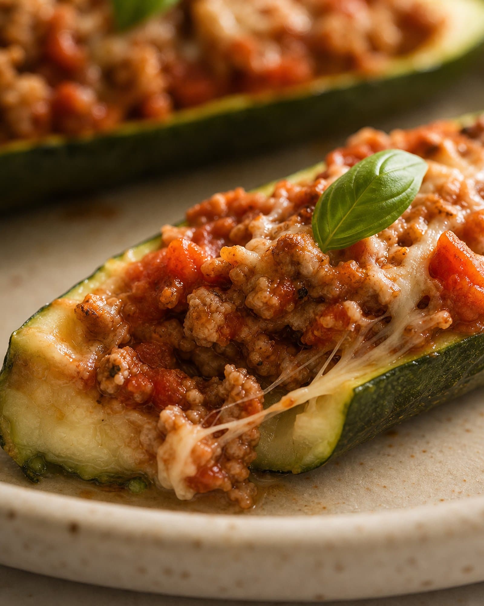 Extreme close-up of a single baked zucchini boat with sausage and tomato filling, melted parmesan pulling at the edge, and one small basil leaf on top.