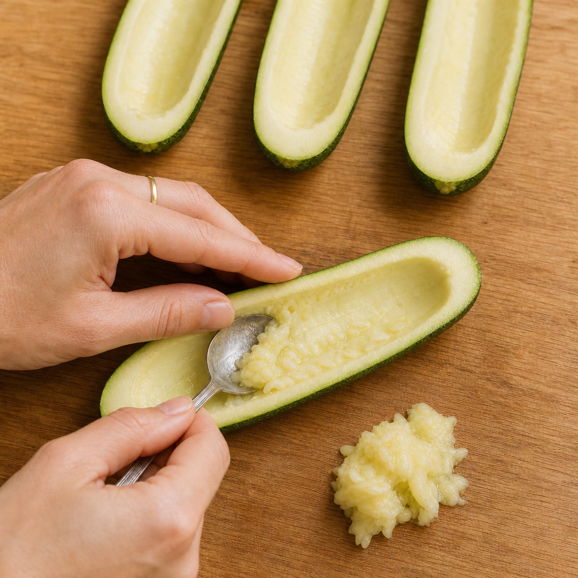 Hands hollowing a halved zucchini with a teaspoon on an oak board, the seed channel half scooped and a small pile of flesh beside three finished halves.