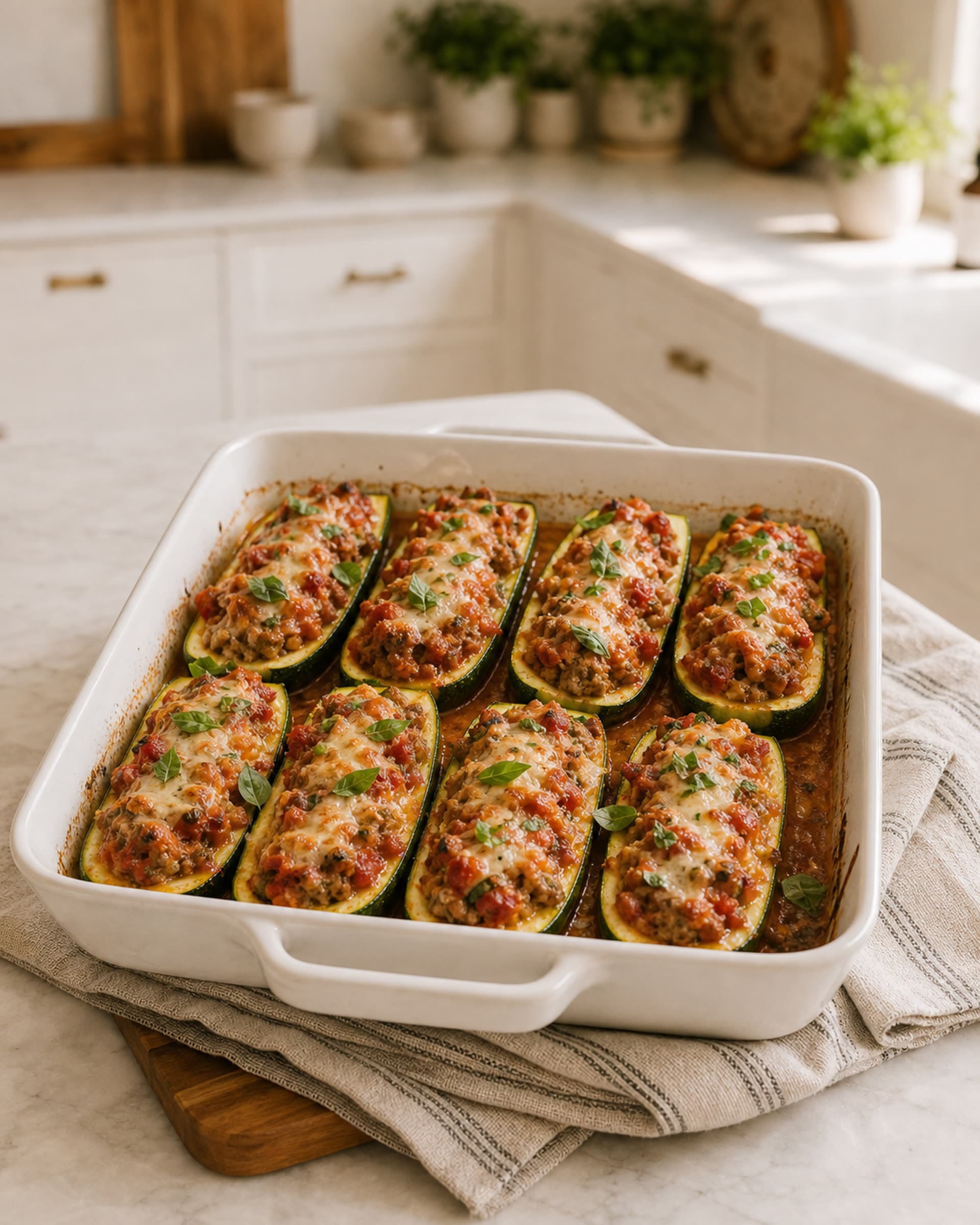 A white ceramic baking dish holding eight golden zucchini boats stuffed with sausage and tomato under melted parmesan, scattered with torn basil.