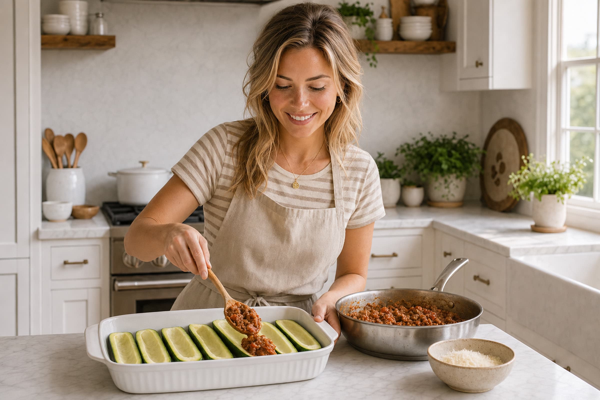 Anna in a beige striped tee and apron spooning sausage and tomato filling from a stainless skillet into hollowed zucchini halves lined up in a white baking dish on her marble counter.