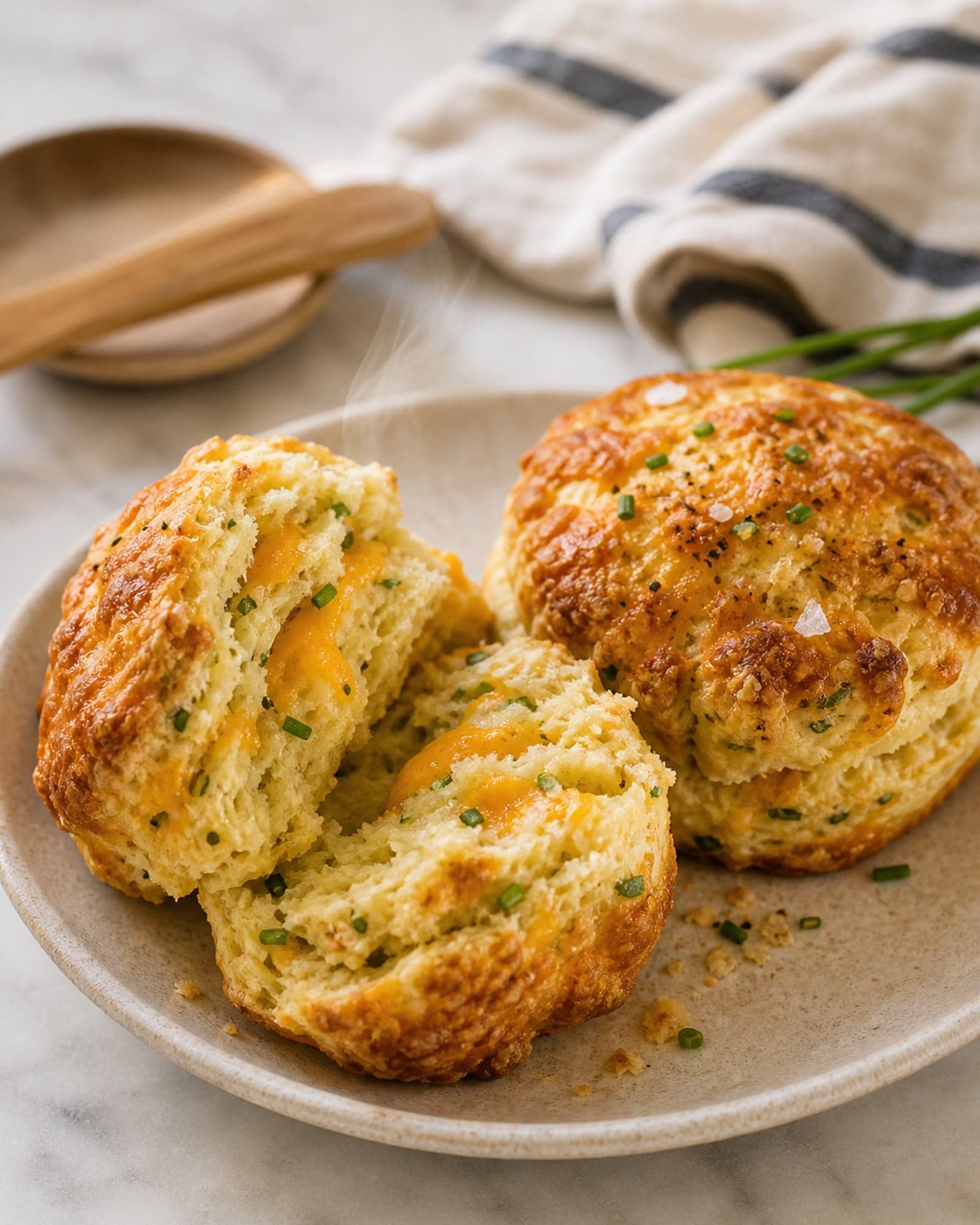 Macro close-up of two savory cheddar and herb scones on a small cream-speckled stoneware plate on a white marble counter. One scone has been pulled apart at the middle to reveal the tender flaky interior layers (clearly visible distinct layers, like a biscuit), with melted cheddar visible at the seams and flecks of fresh green chives throughout the interior. The cut surface is steaming softly. The intact scone beside it shows the deeply golden crackled top with crisped cheddar on top, visible cracks of black pepper, and flecks of flaky sea salt.
