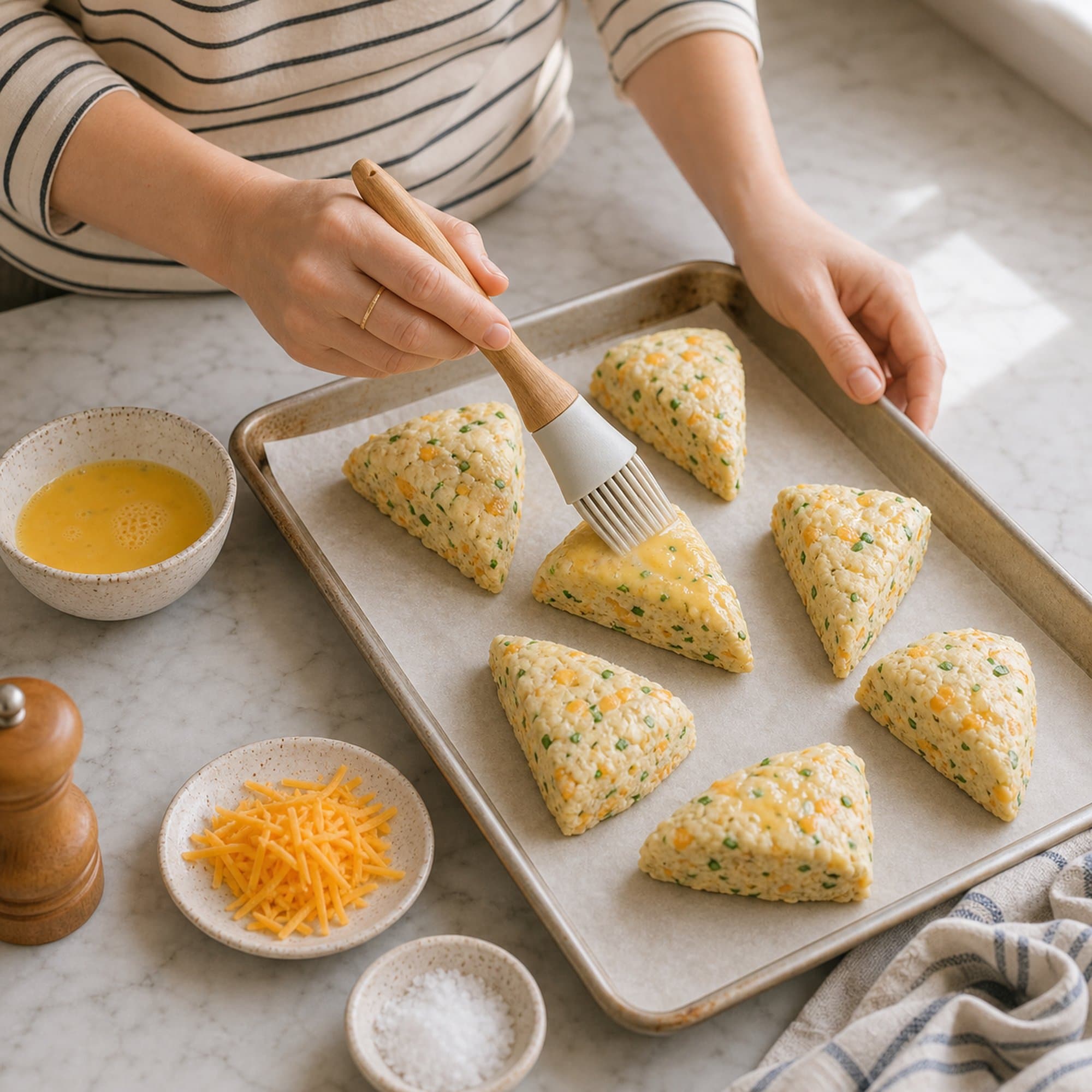 A pair of women's hands in a beige Breton-striped tee at three-quarter sleeve length using a small silicone pastry brush to brush egg wash over the tops of 6 unbaked scone wedges arranged on a parchment-lined half-sheet pan on a white marble counter. The scones are clearly raw (matte, no color yet) with visible flecks of cheddar and chives. The brush is mid-stroke on one wedge. A small ceramic dish of beaten egg wash with the brush emerging from it sits at the edge of the frame. A thin gold band visible on one finger.
