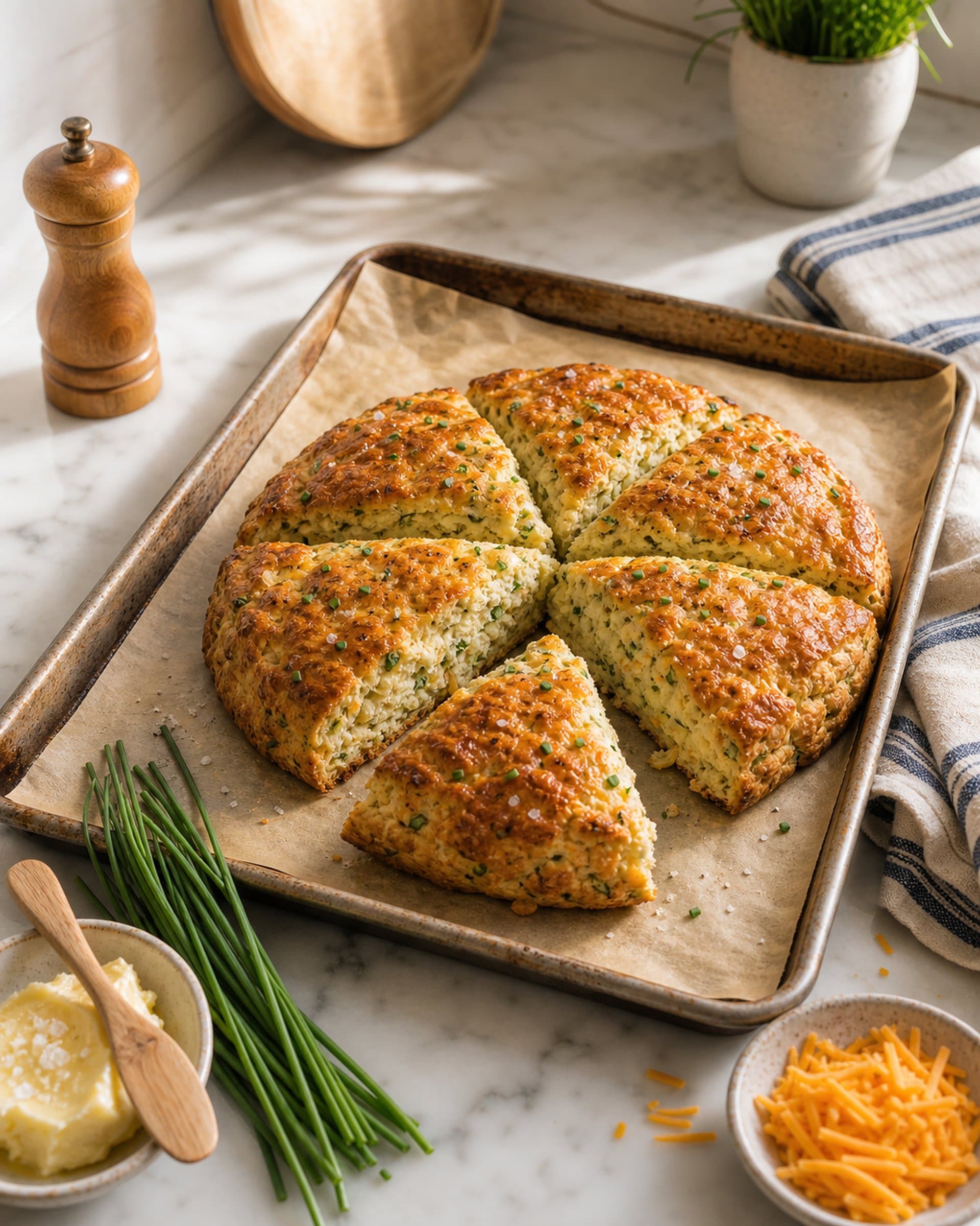 A small parchment-lined half-sheet pan on a white marble counter holding 6 freshly baked savory cheddar and herb scones cut into wedges (the classic round-cut-into-6 shape, baked together with golden crackled tops, visible flakes of melted sharp cheddar at the seams, flecks of fresh green chive throughout, a glossy egg-wash finish, and visible cracks of black pepper). One scone has been pulled slightly apart to show the tender flaky interior. Beside the pan on the marble: a small ceramic dish of soft salted butter, a small bunch of fresh chives, a small wooden pepper mill, a folded striped cream-and-blue linen tea towel. Soft Saturday-morning kitchen light.