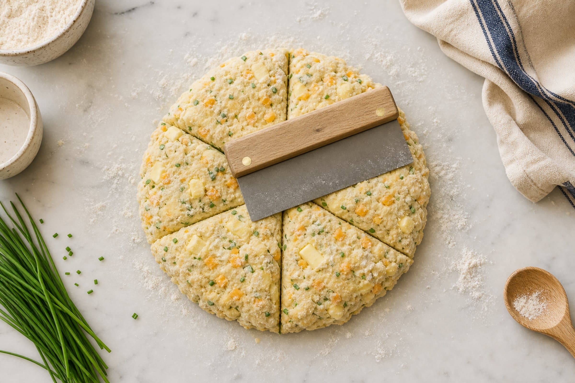 A near-overhead view of a 7-inch round of shaggy scone dough on a lightly floured white marble counter, with visible flecks of grated sharp cheddar and chopped fresh green chives distributed throughout, and visible pea-sized chunks of cold butter still intact in the dough. A bench scraper rests in the middle of the round, having just cut the dough into 6 even wedges (the cuts are visible). A small dusting of flour around the dough on the counter.