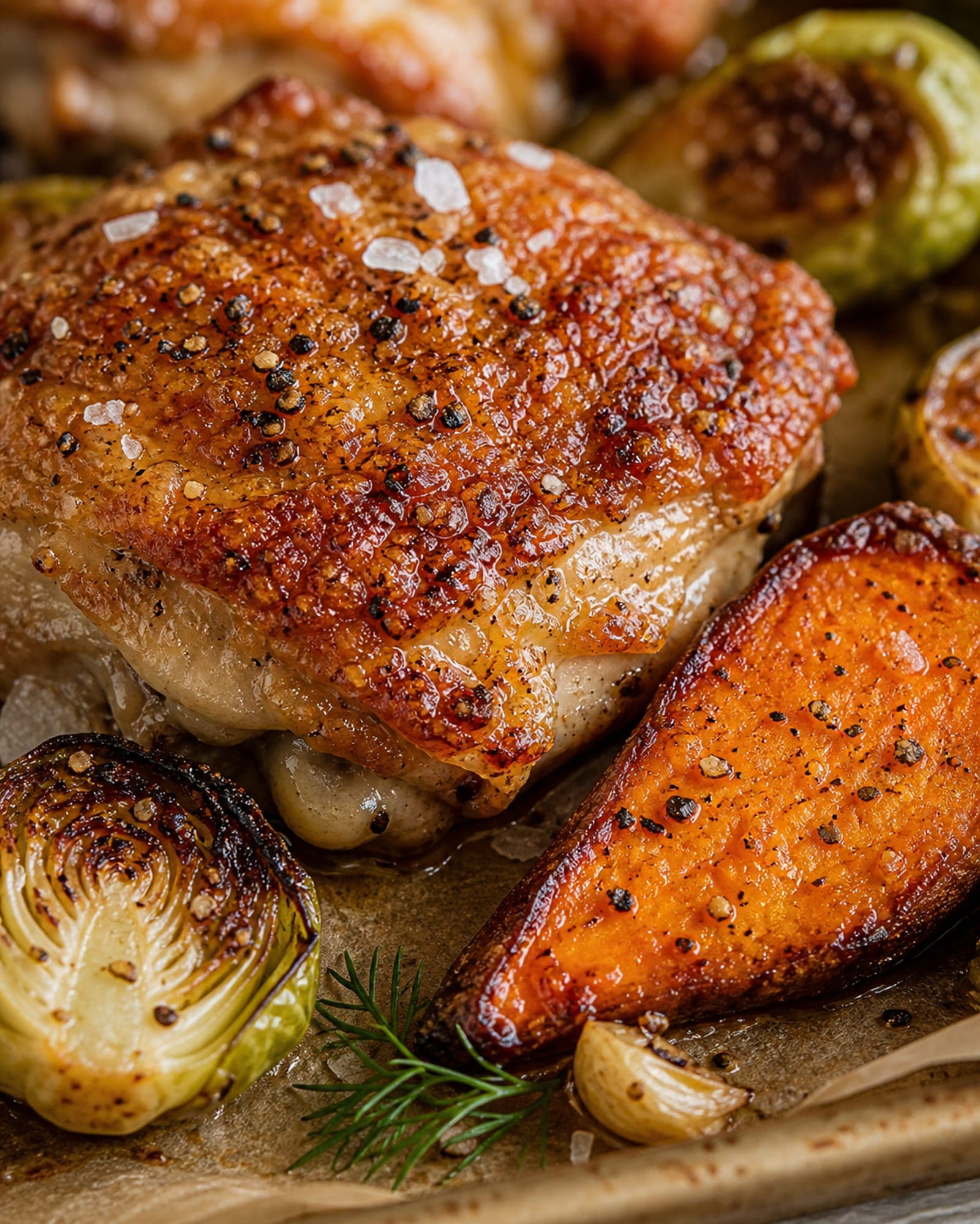 Macro close-up of one bone-in chicken thigh with shatter-crispy deeply golden brown skin (visible crackled bubbles and flaky salt flakes), next to a caramelized sweet potato wedge with a bright orange interior and dark brown edges, with a halved brussels sprout cut-side-down at one edge of the frame showing its charred cut side. A roasted smashed garlic clove and a fresh dill sprig finish the scene. Parchment paper visible beneath.