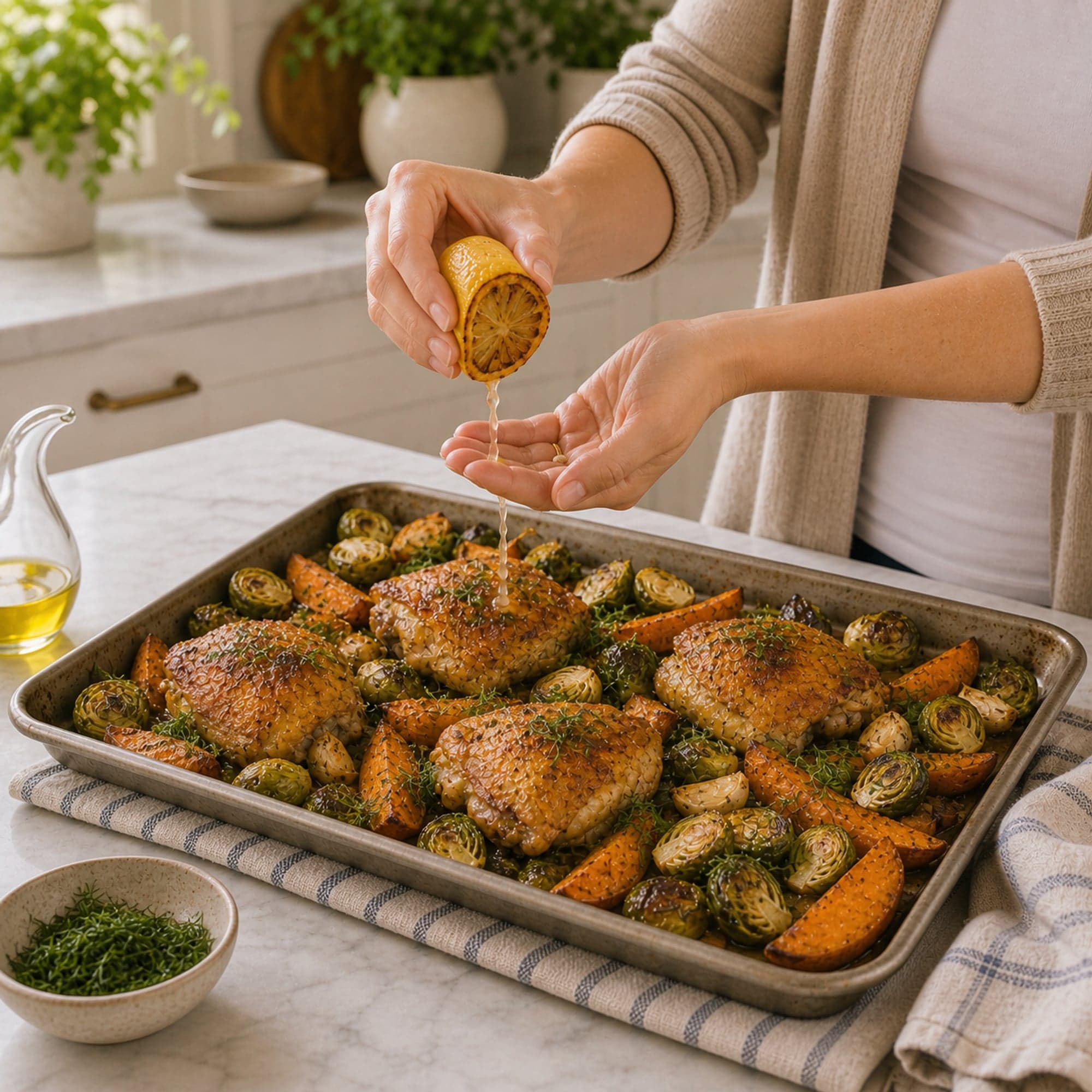 A pair of hands in an oatmeal cardigan over a fitted white tee squeezing a halved roasted lemon over the finished sheet pan of crispy-skinned chicken thighs, caramelized sweet potato wedges, and charred brussels sprouts. A clear stream of golden lemon juice falls onto the chicken, with the other hand cupped underneath to catch any seeds. The sheet pan sits on a folded striped cream-and-blue linen tea towel on the white marble counter, with a small ceramic bowl of bright green chopped fresh dill and a small clear glass cruet of finishing olive oil beside it.