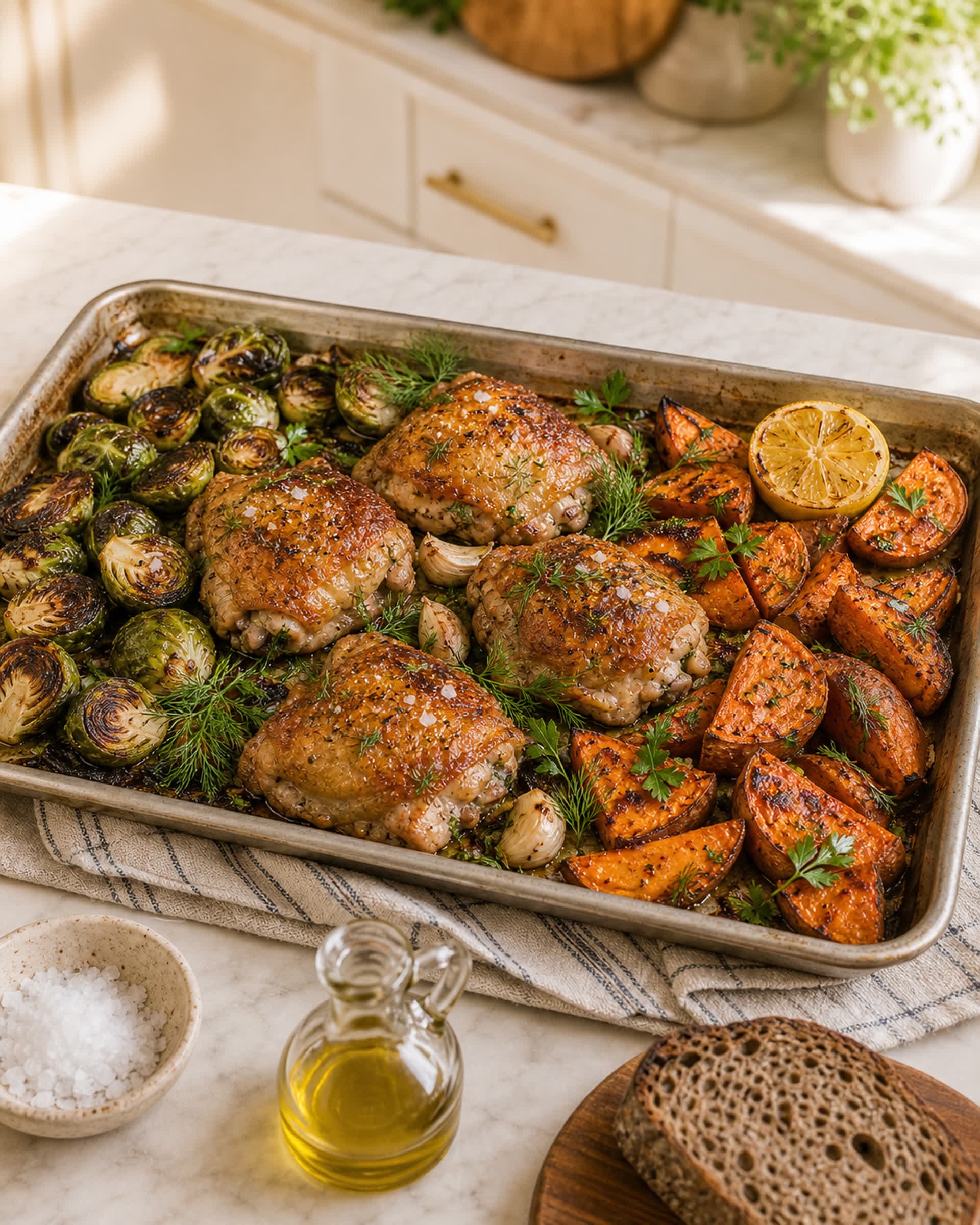 A half-sheet pan straight from the oven on a folded striped cream-and-blue linen tea towel on a white marble counter, holding four bone-in skin-on chicken thighs with shatter-crispy deeply golden brown skin, halved brussels sprouts with charred edges and bright green centers, wedges of orange sweet potato with deeply caramelized cut sides, and a halved lemon nestled at one corner. Scattered fresh dill sprigs and chopped dill across the pan, with a small ceramic bowl of flaky salt and a small ceramic dish of olive oil beside the sheet pan. Soft late-afternoon light from the kitchen window.