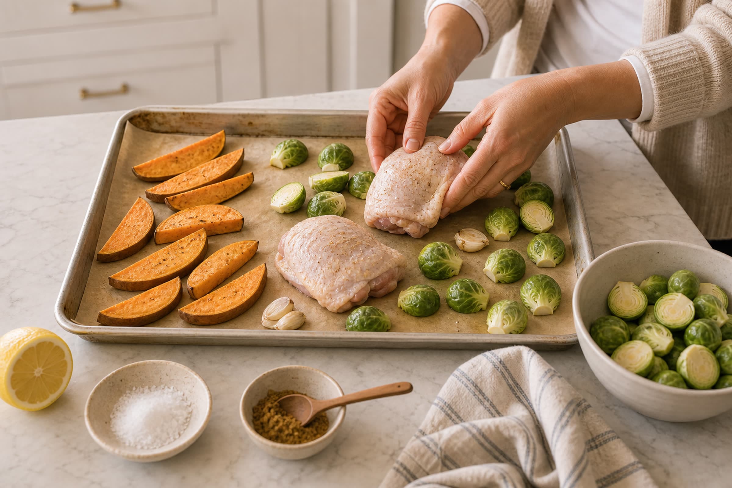 A pair of hands in an oatmeal cardigan over a fitted white tee arranging bone-in chicken thighs and halved brussels sprouts on a half-sheet pan that already has pale-golden pre-roasted sweet potato wedges on one half. Two raw chicken thighs are skin-side up on the open half of the pan, halved brussels sprouts are scattered cut-side-down around them, and smashed garlic cloves are tucked between. A small ceramic bowl of additional brussels sprouts, a small dish of ground cumin with a wooden spoon, a small dish of kosher salt, and a halved lemon sit on the marble counter beside the pan.