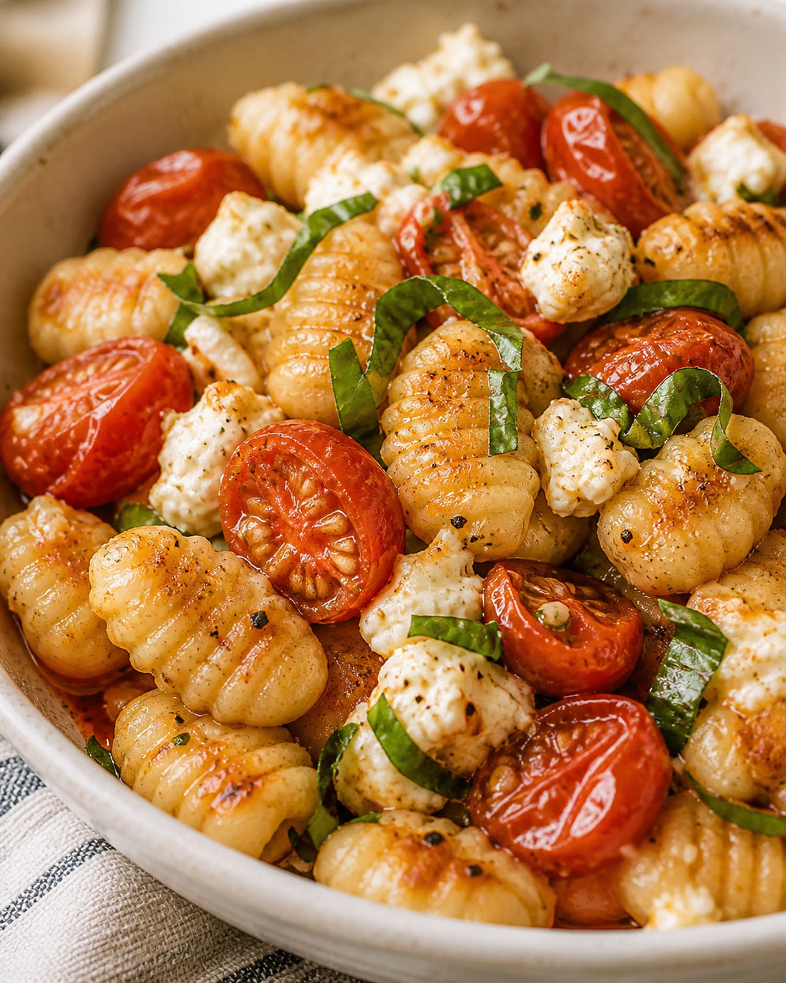 Macro close-up of crisp golden roasted gnocchi tangled with burst red cherry tomatoes, softened melty feta, and torn basil, glossy with olive oil. The crackly golden edges of the gnocchi and the juicy split tomatoes catch the light.