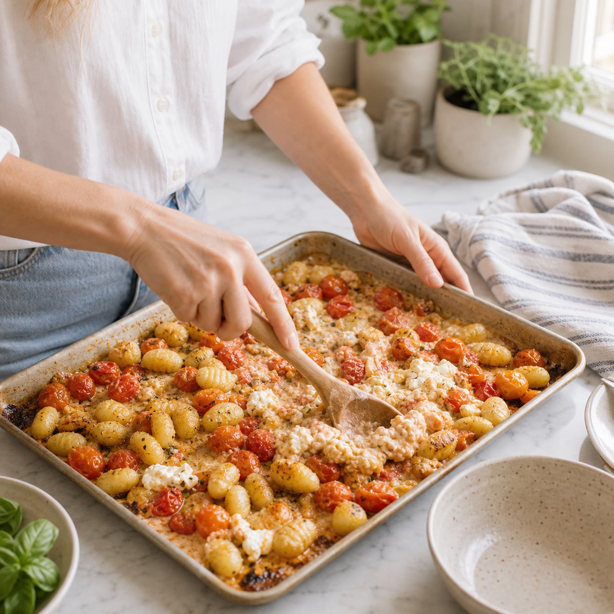 A pair of hands in white linen button-down sleeves rolled to three-quarter forearm length stirring roasted gnocchi, burst cherry tomatoes, and softened feta together with a wooden spoon directly on a sheet pan, crushing the tomatoes and feta into a creamy sauce. White marble counter and a folded striped linen tea towel at the edge of the frame.