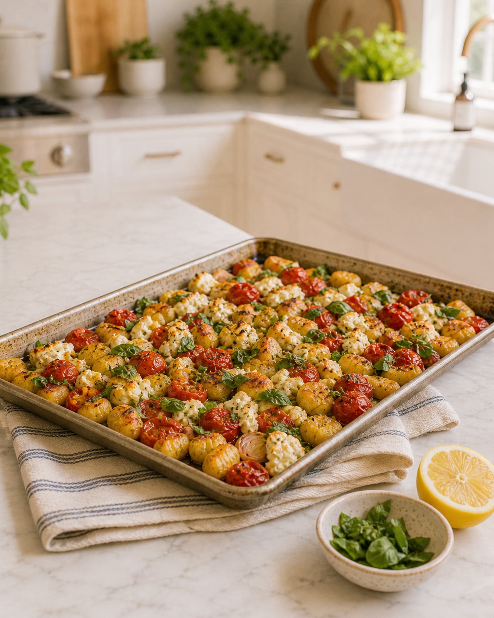 A sheet pan straight from the oven on a folded striped cream-and-blue linen tea towel on a white marble counter, holding crisp golden roasted gnocchi tossed with burst red cherry tomatoes, softened melty feta, smashed garlic, and torn fresh basil, glossy with olive oil. A small bowl of extra basil and a halved lemon sit beside the pan. Soft natural light.