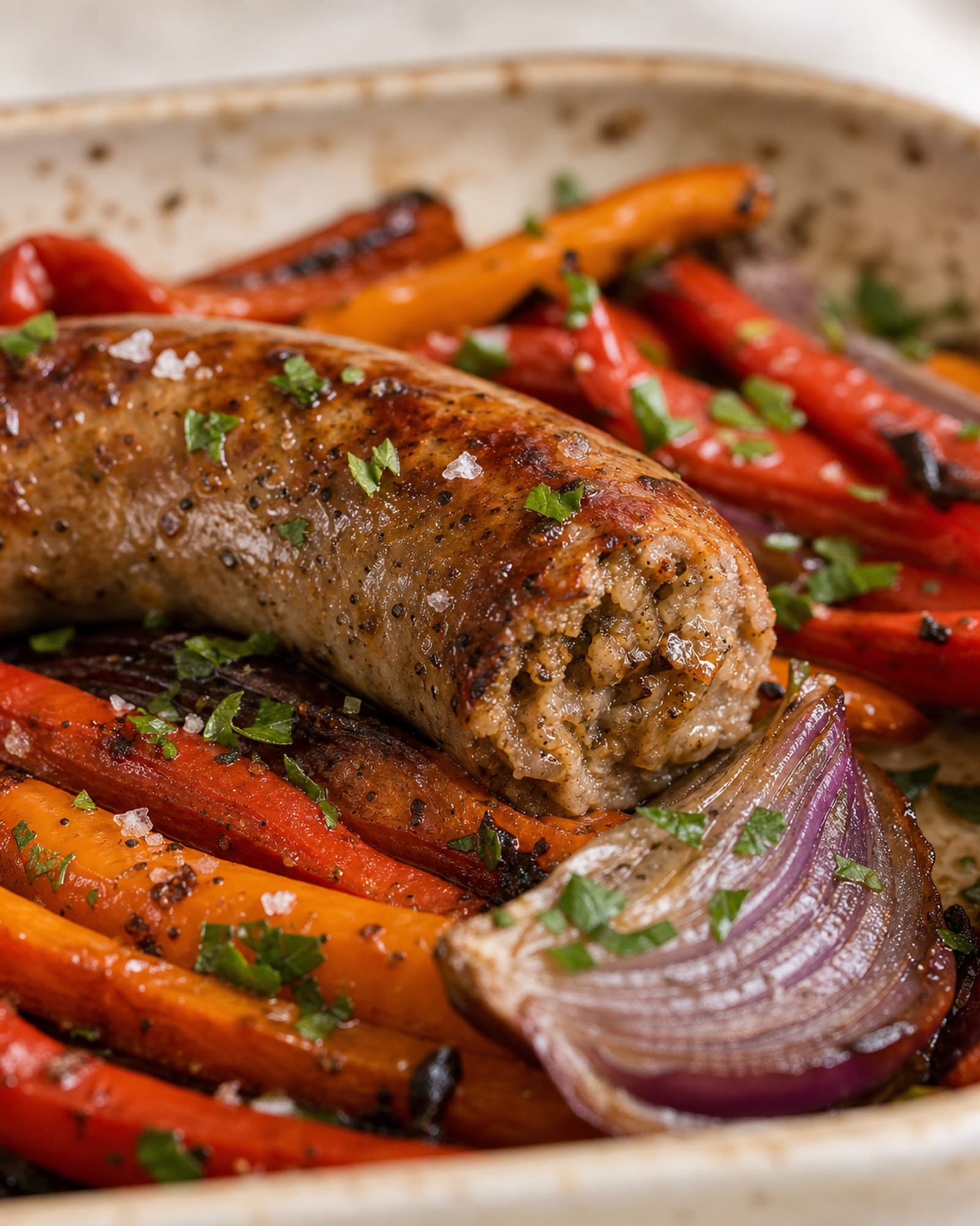 Macro close-up of a browned, split-skinned Italian sausage resting against blistered strips of red and orange bell pepper with charred edges and a soft caramelized onion wedge, scattered with chopped parsley and a flake of flaky salt, all glossy with pan juices. The deep browning and blistered pepper edges catch the light.