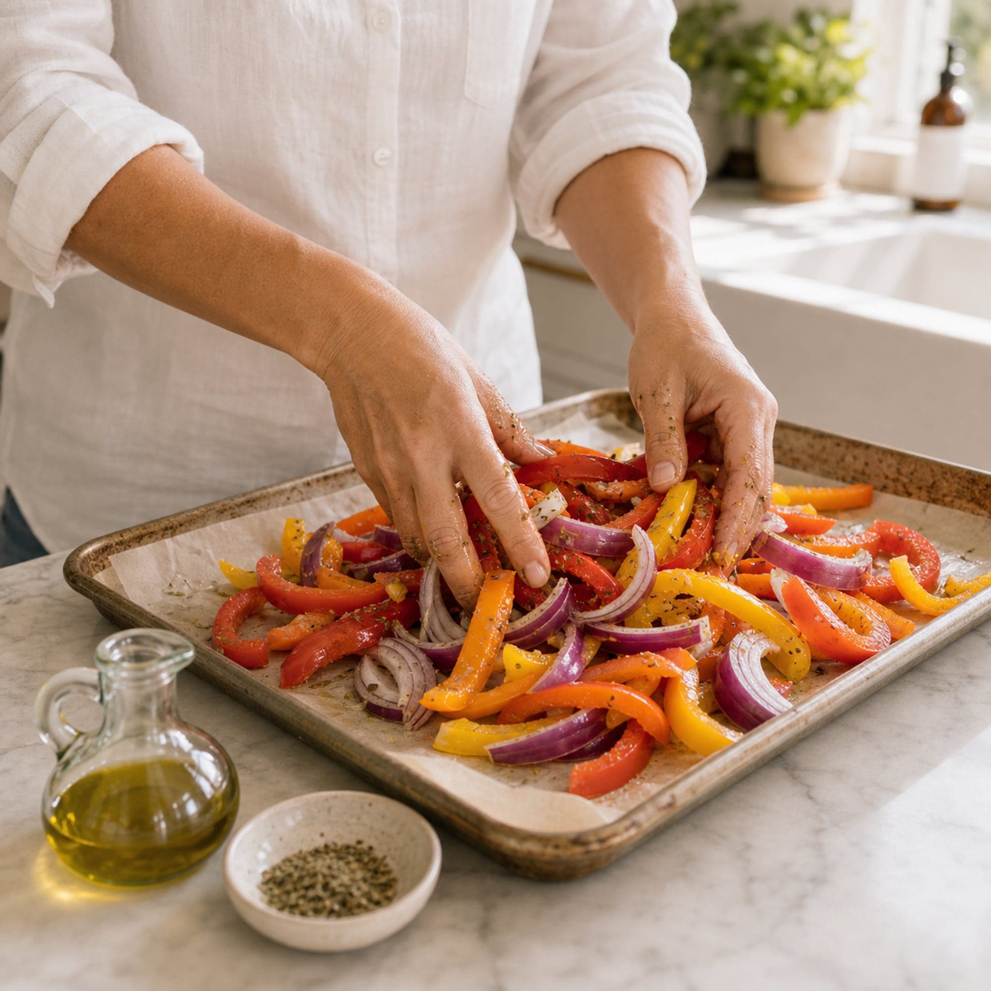 A pair of hands in white linen button-down sleeves rolled to three-quarter forearm length tossing thick strips of red, yellow, and orange bell pepper and red onion wedges with olive oil and oregano directly on a parchment-lined sheet pan on a white marble counter. A small clear glass cruet of olive oil and a small dish of dried oregano sit beside the pan.