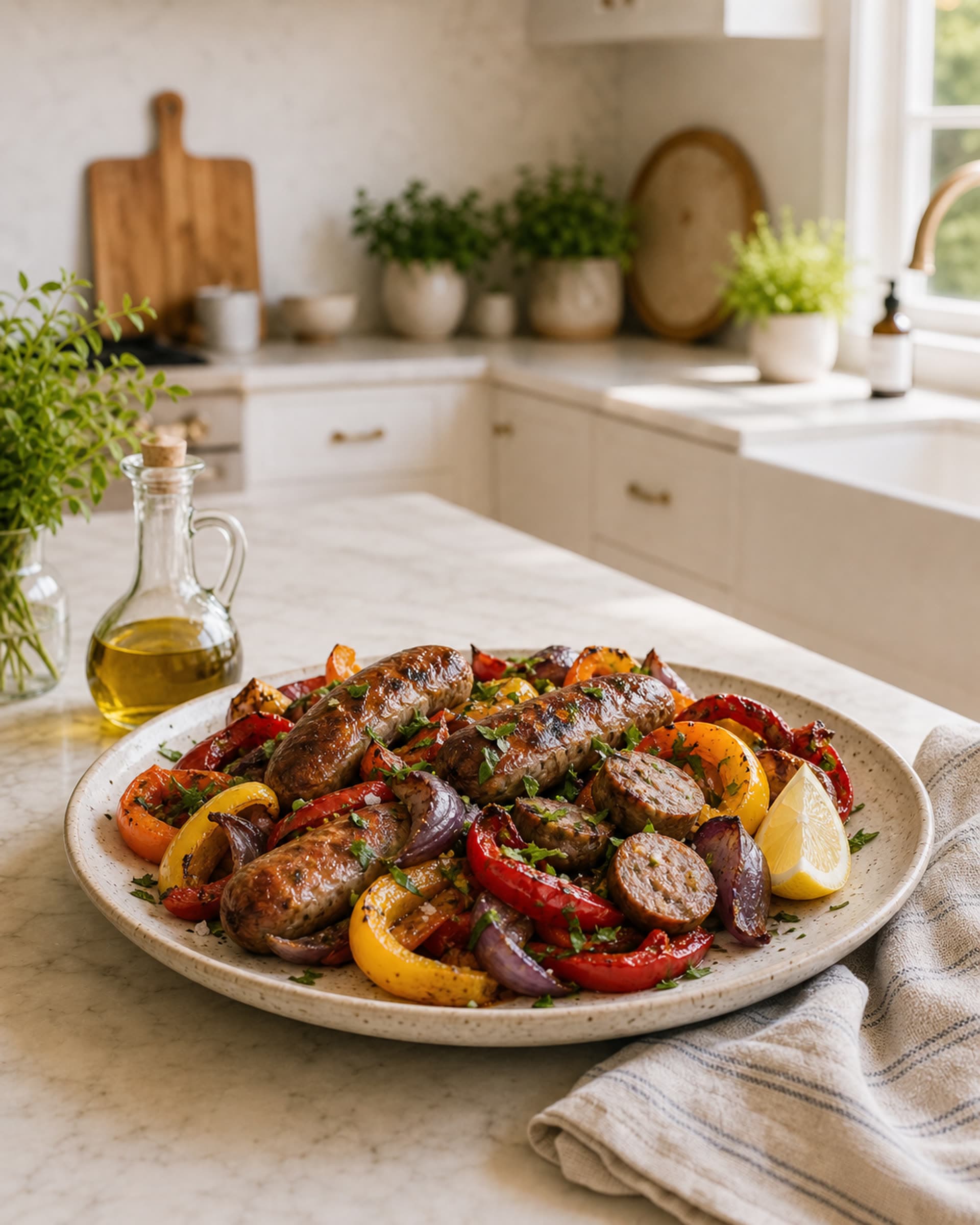 A generous portion of roasted Italian sausage and peppers piled on a wide cream-speckled stoneware plate on a white marble counter: browned split sausages, blistered strips of red, yellow, and orange bell pepper, soft caramelized red onion wedges, and a scatter of chopped parsley, with a lemon wedge and a few flakes of salt on the plate. A folded striped cream-and-blue linen tea towel and a small clear glass cruet of olive oil sit beside the plate. Soft late-afternoon kitchen light from the window.