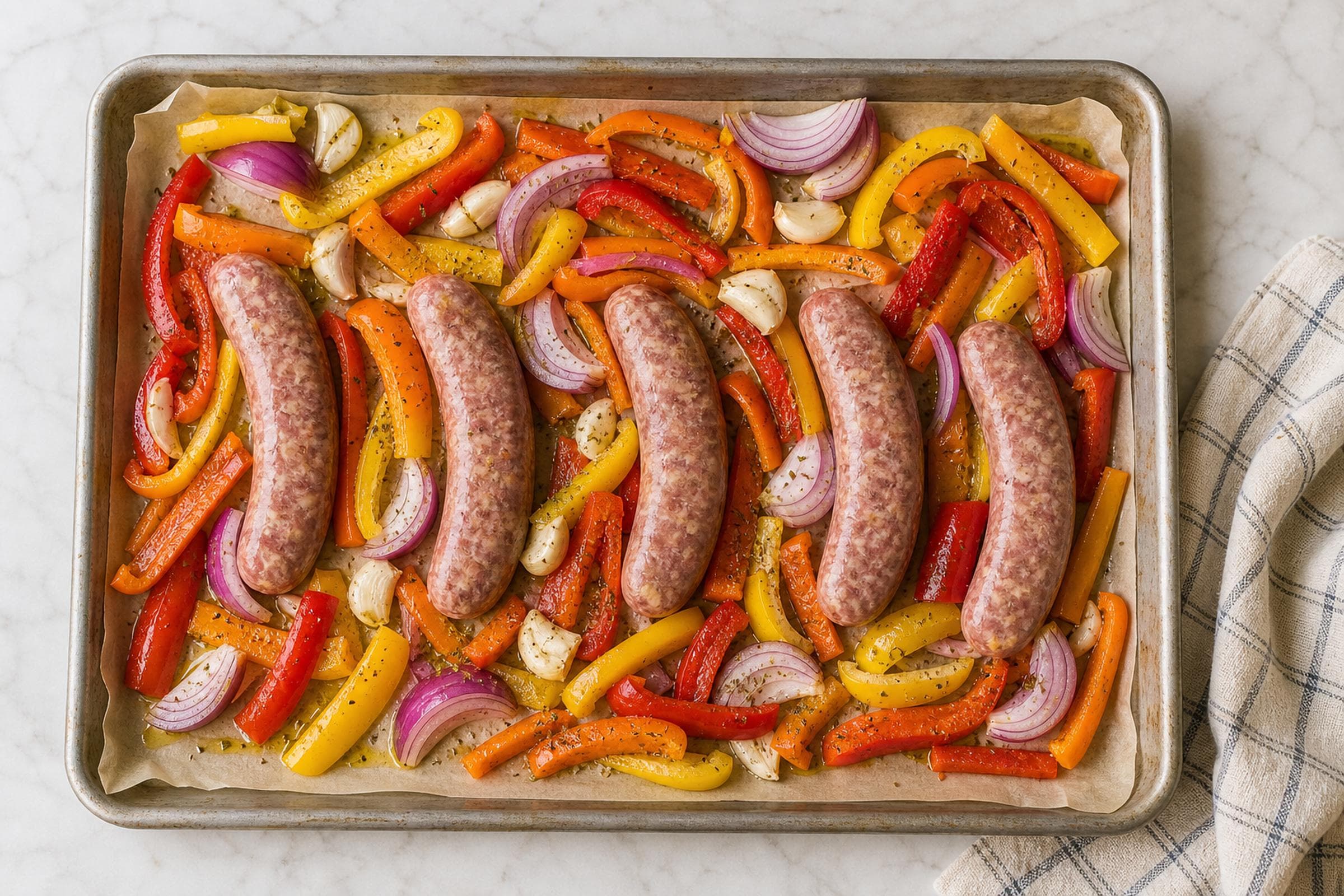 Overhead view of a parchment-lined rimmed sheet pan on a white marble counter, arranged and ready for the oven: thick strips of raw red, yellow, and orange bell pepper, wedges of red onion, and smashed garlic cloves tossed with olive oil and oregano, with five whole raw Italian sausage links nestled among the vegetables in a single uncrowded layer. A folded striped cream-and-blue linen tea towel sits at one corner of the frame.