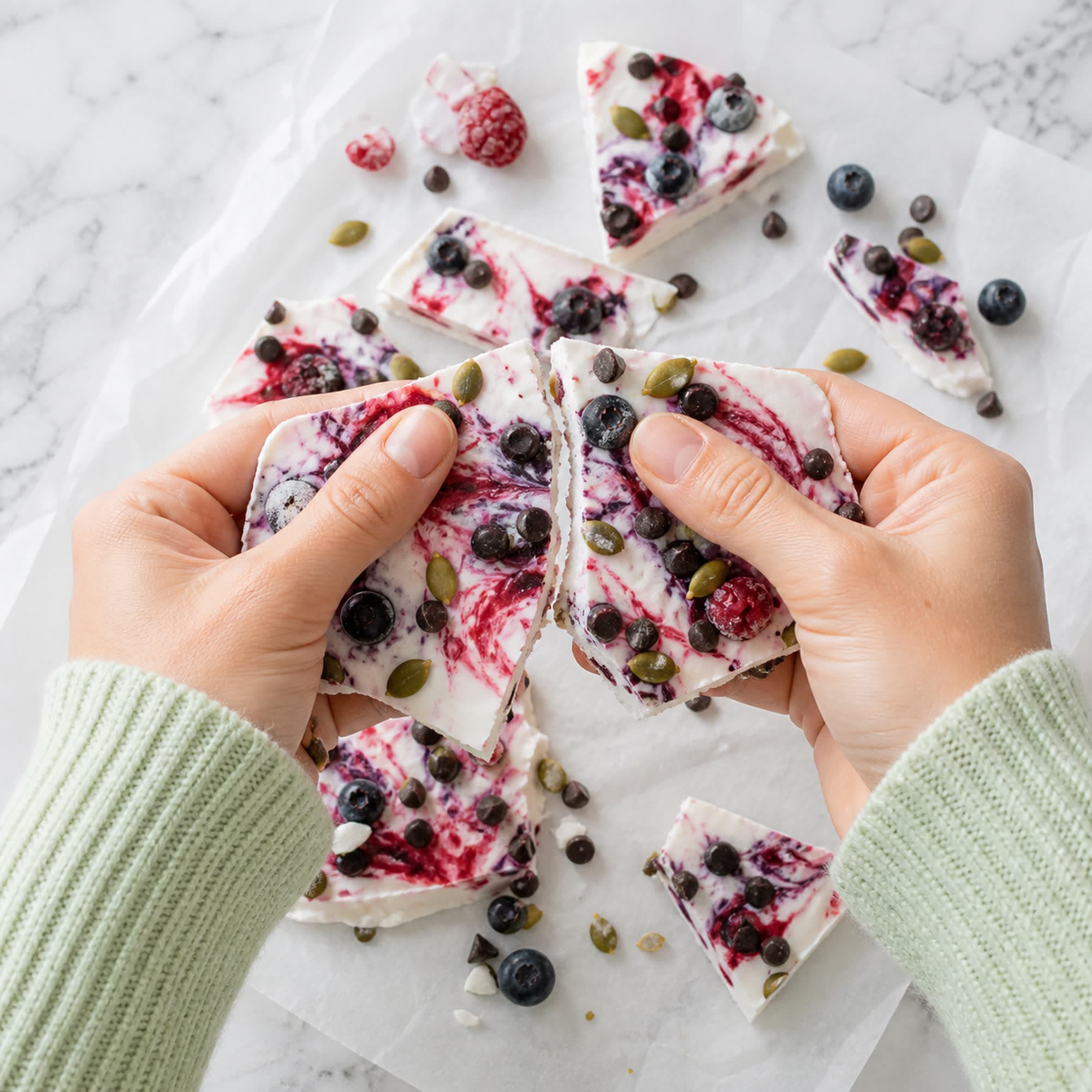 A pair of hands in a pale-green sleeve snapping a frozen sheet of skyr and berry bark into shards over parchment on a marble counter.