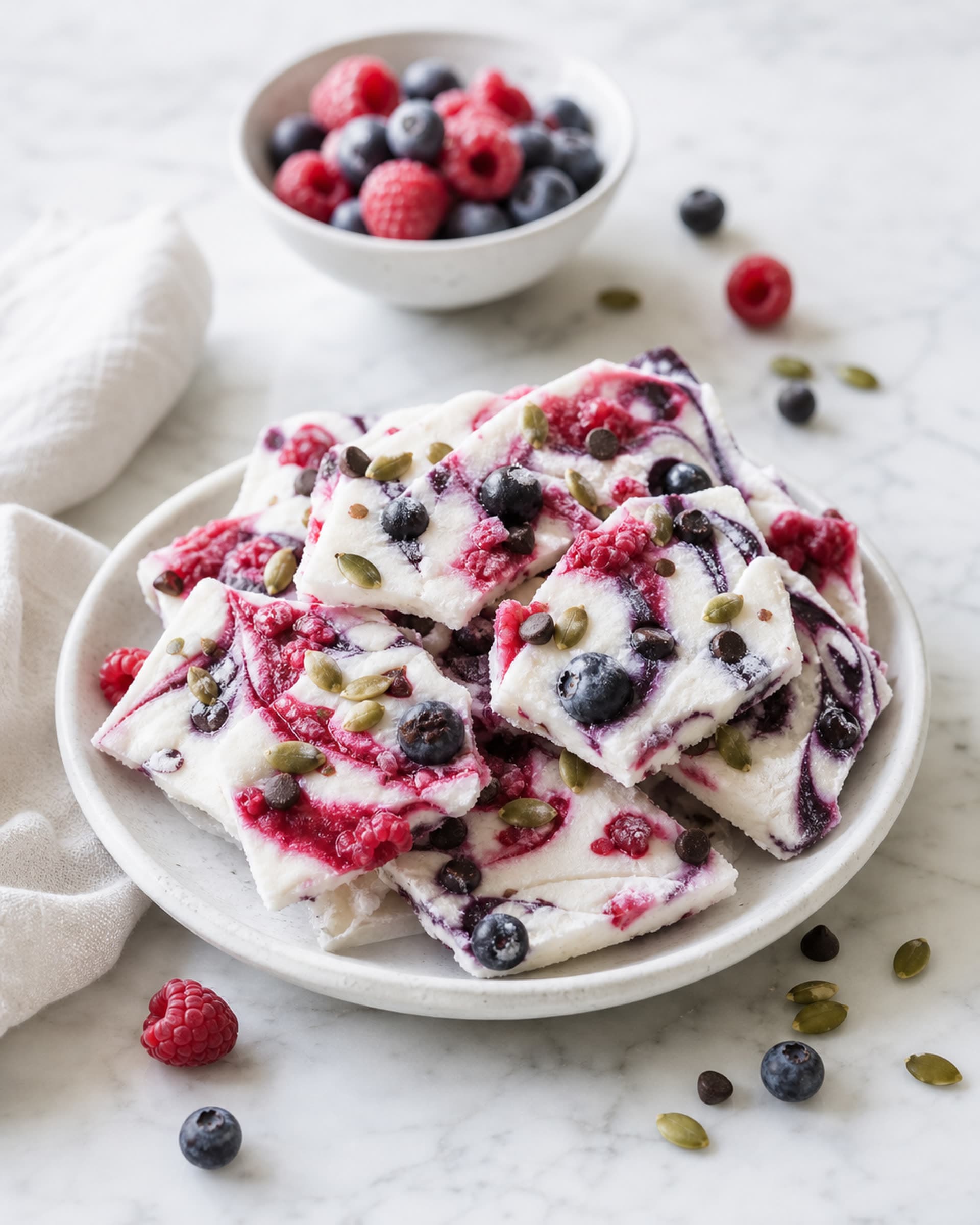 Shards of frozen skyr and berry protein bark stacked on a small chilled plate on a white marble counter, the creamy white bark marbled with swirls of red raspberry and blueberry and scattered with pumpkin seeds. A few more shards and a small bowl of fresh berries sit softly behind. Cool, bright natural light from the kitchen window.