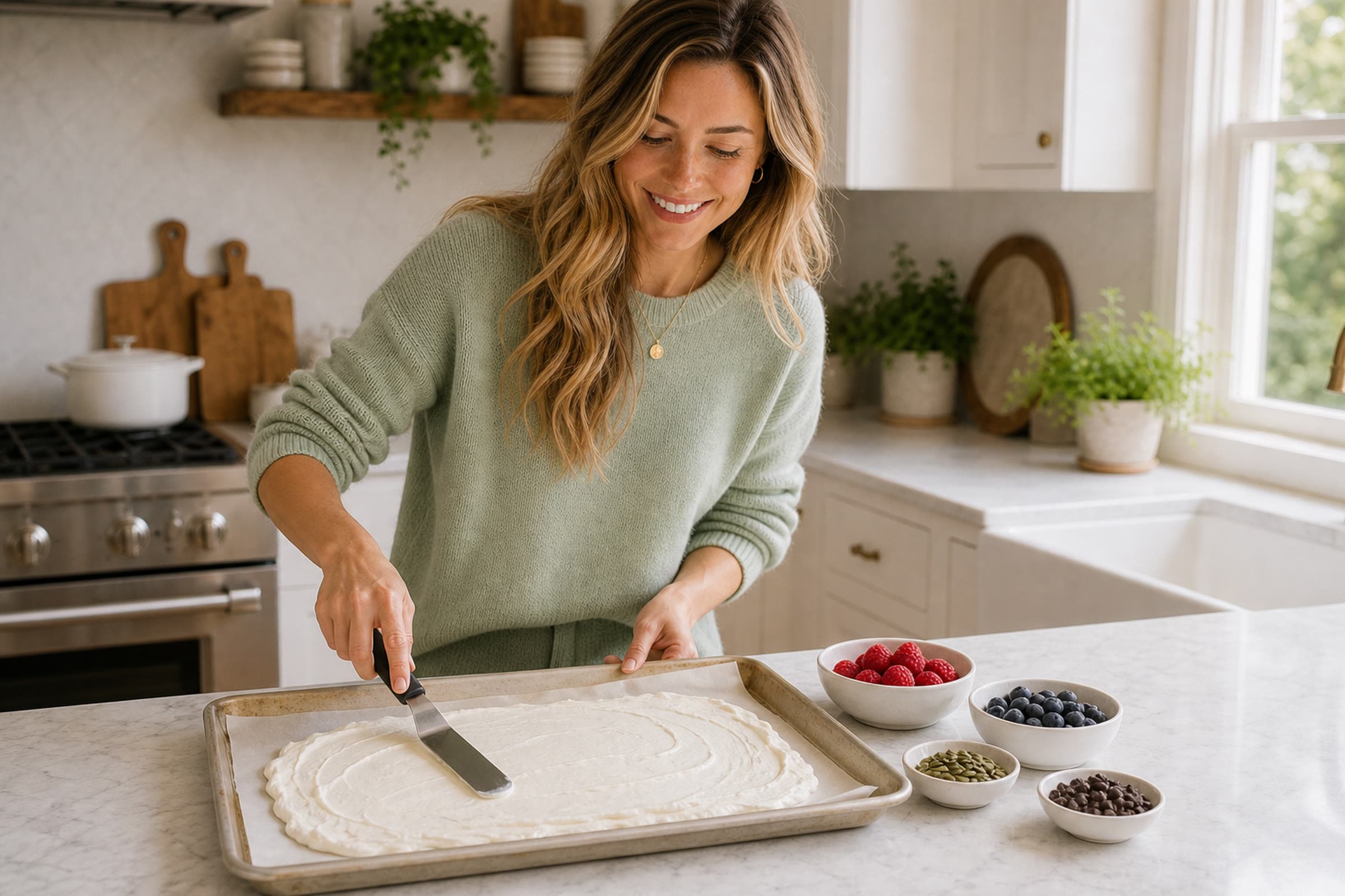 Anna, in a pale-green sweater, spreading thick skyr in an even layer on a parchment-lined sheet pan at her marble island, with small bowls of berries and pumpkin seeds ready to scatter. Her bright kitchen is behind her.