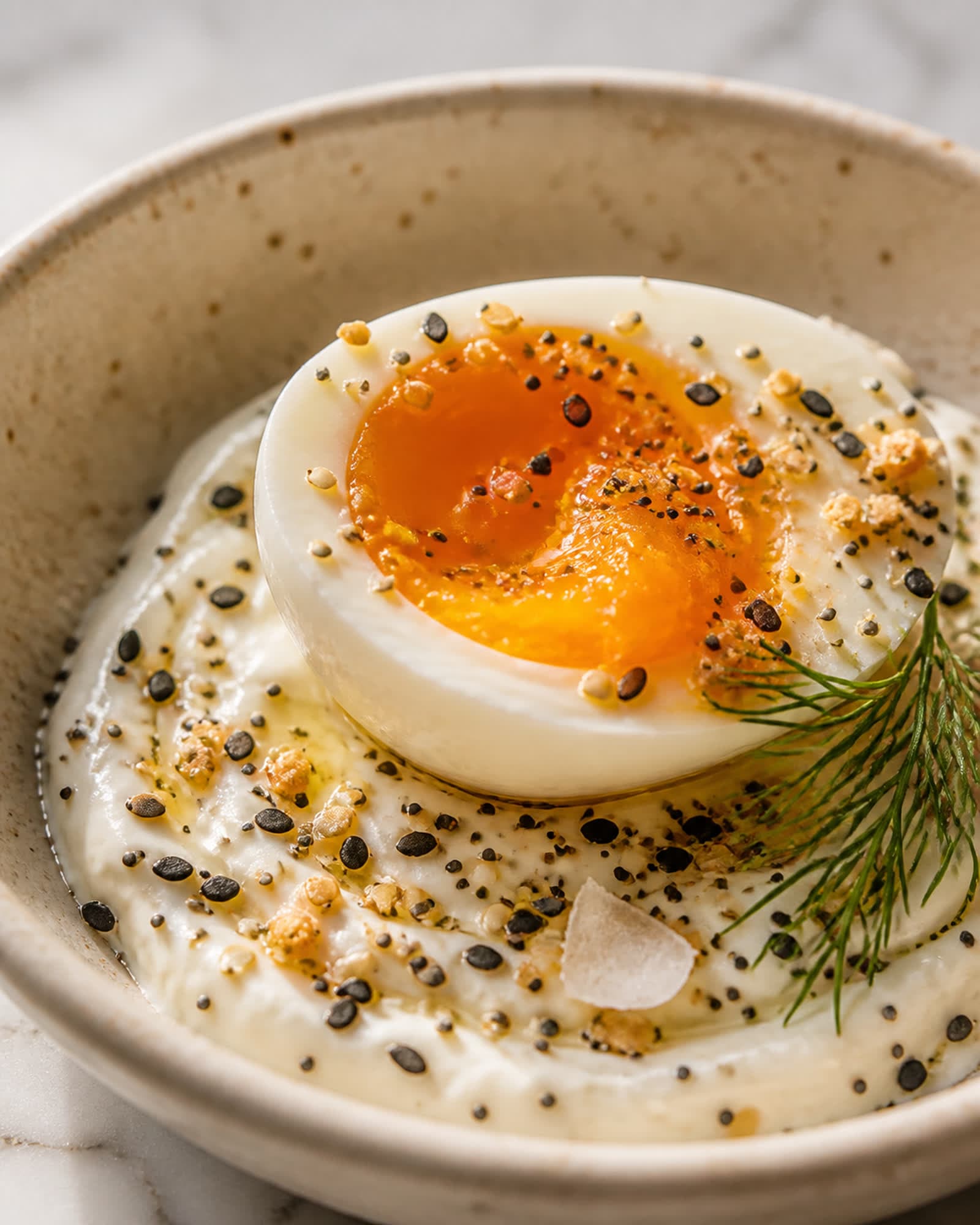 Macro close-up of a halved jammy soft-boiled egg with a glossy deep-orange just-set center resting on a swoosh of thick white skyr dusted with everything-bagel seasoning and glistening with olive oil, a flake of flaky salt and a small sprig of dill alongside. The contrast of the orange yolk against the white skyr and dark seeds is sharp and bright.
