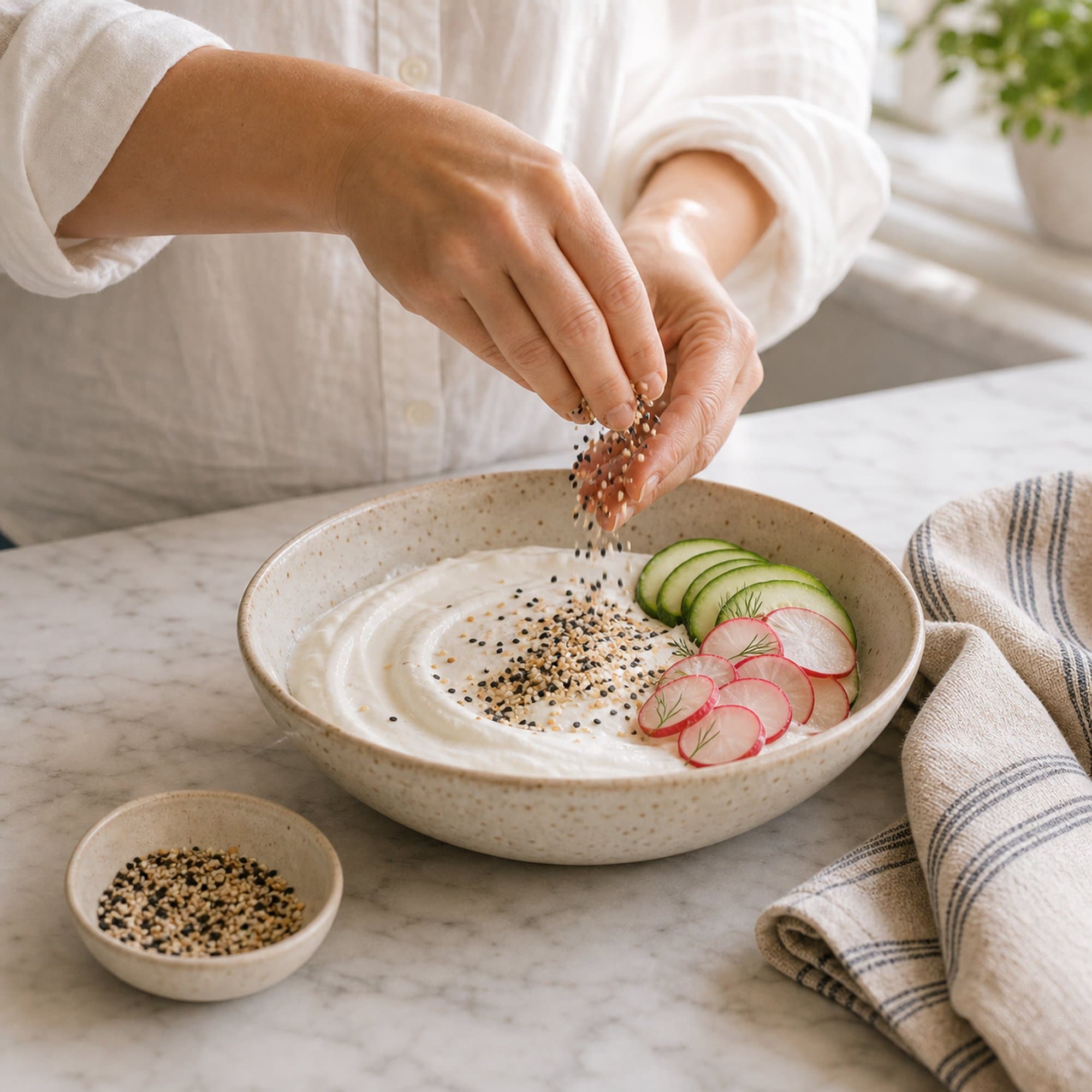 A pair of hands in white linen button-down sleeves rolled to three-quarter forearm length sprinkling everything-bagel seasoning from the fingers over a thick swoosh of white skyr in a wide cream-speckled stoneware bowl on a white marble counter. Thinly sliced cucumber and radish wait at the edge of the bowl, with a small dish of everything seasoning and a folded striped cream-and-blue linen tea towel beside it. Soft morning light.