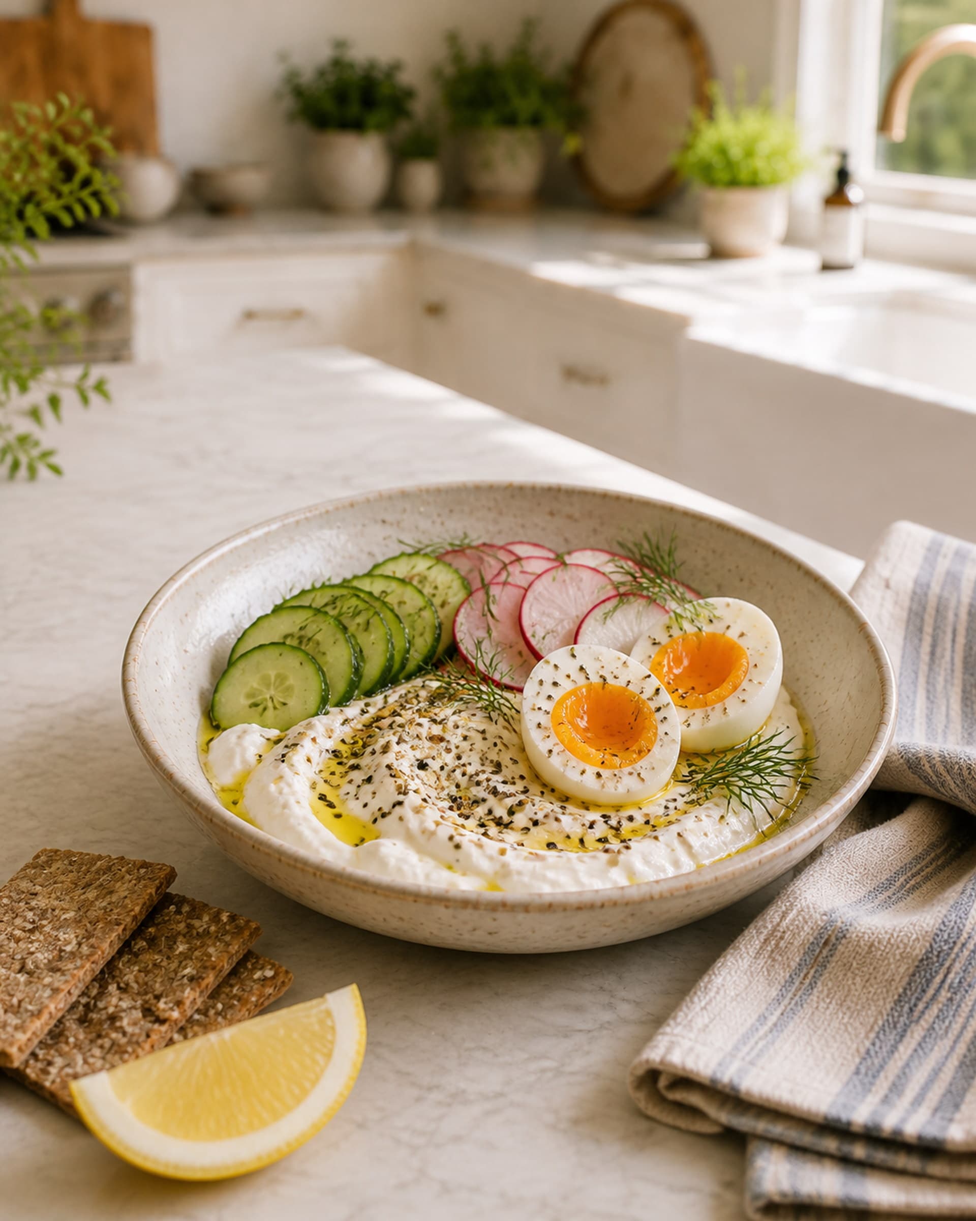 A shallow wide cream-speckled stoneware bowl on a white marble counter holding a thick swoosh of white skyr topped with everything-bagel seasoning, a drizzle of olive oil pooling on the surface, thinly sliced cucumber and radish fanned to one side, a halved jammy soft-boiled egg with a deep-orange center, and a few sprigs of fresh dill. Two pieces of rye crispbread and a lemon wedge rest beside the bowl, with a folded striped cream-and-blue linen tea towel at one edge. Soft bright morning light from the kitchen window.